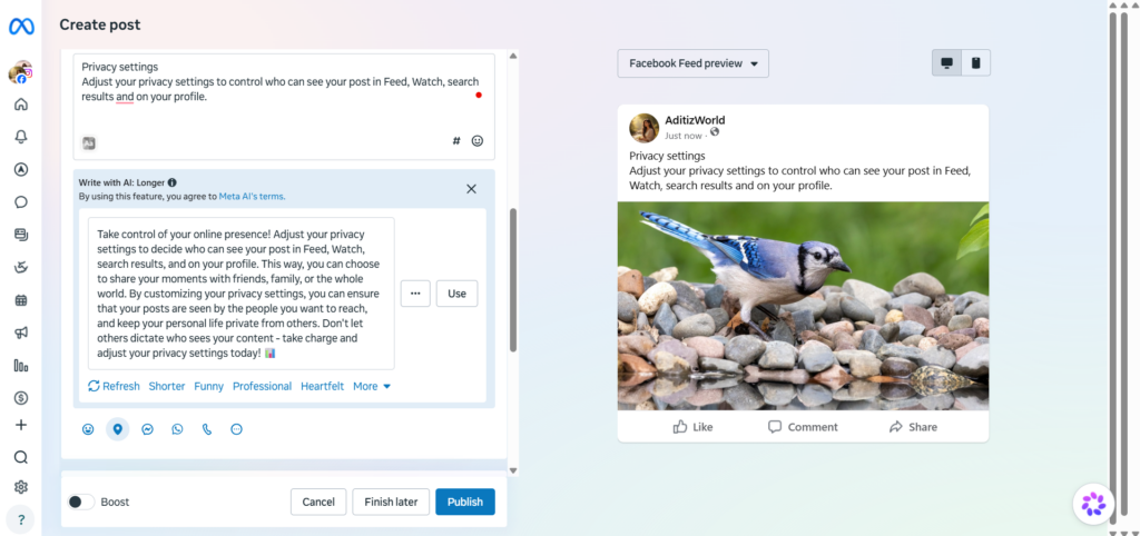 Meta Business Suite's Write with AI Option