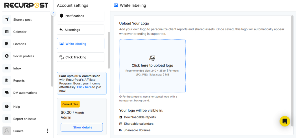 RecurPost's Whie-Label Settings