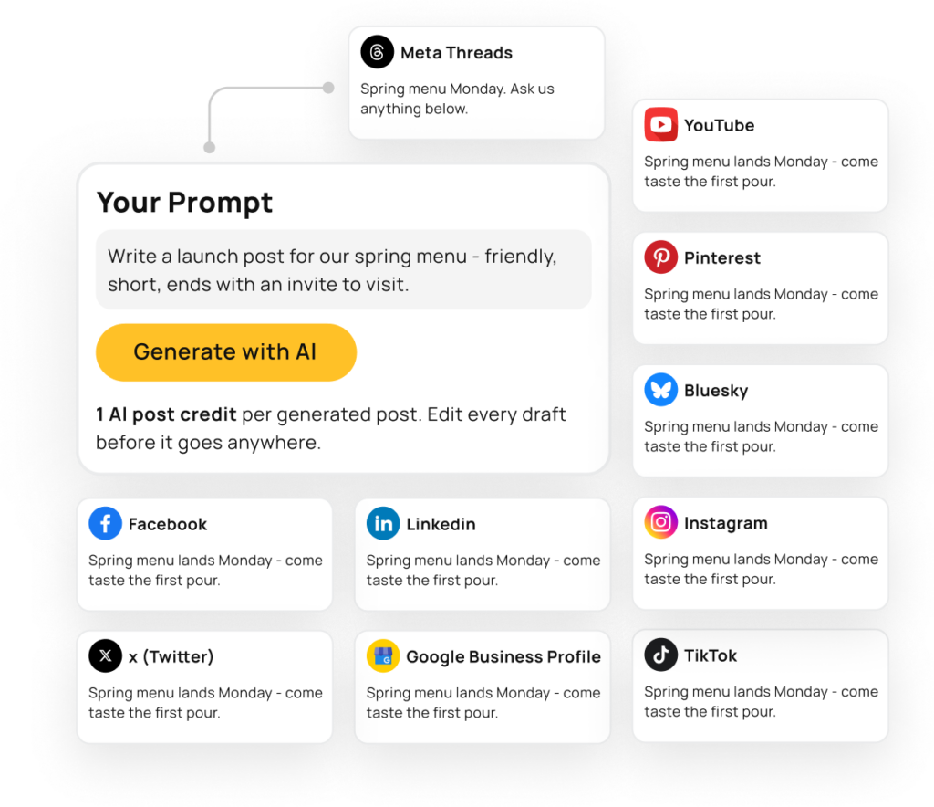 RecurPost AI Content Generator prompt that writes one spring menu post and adapts it for each connected network