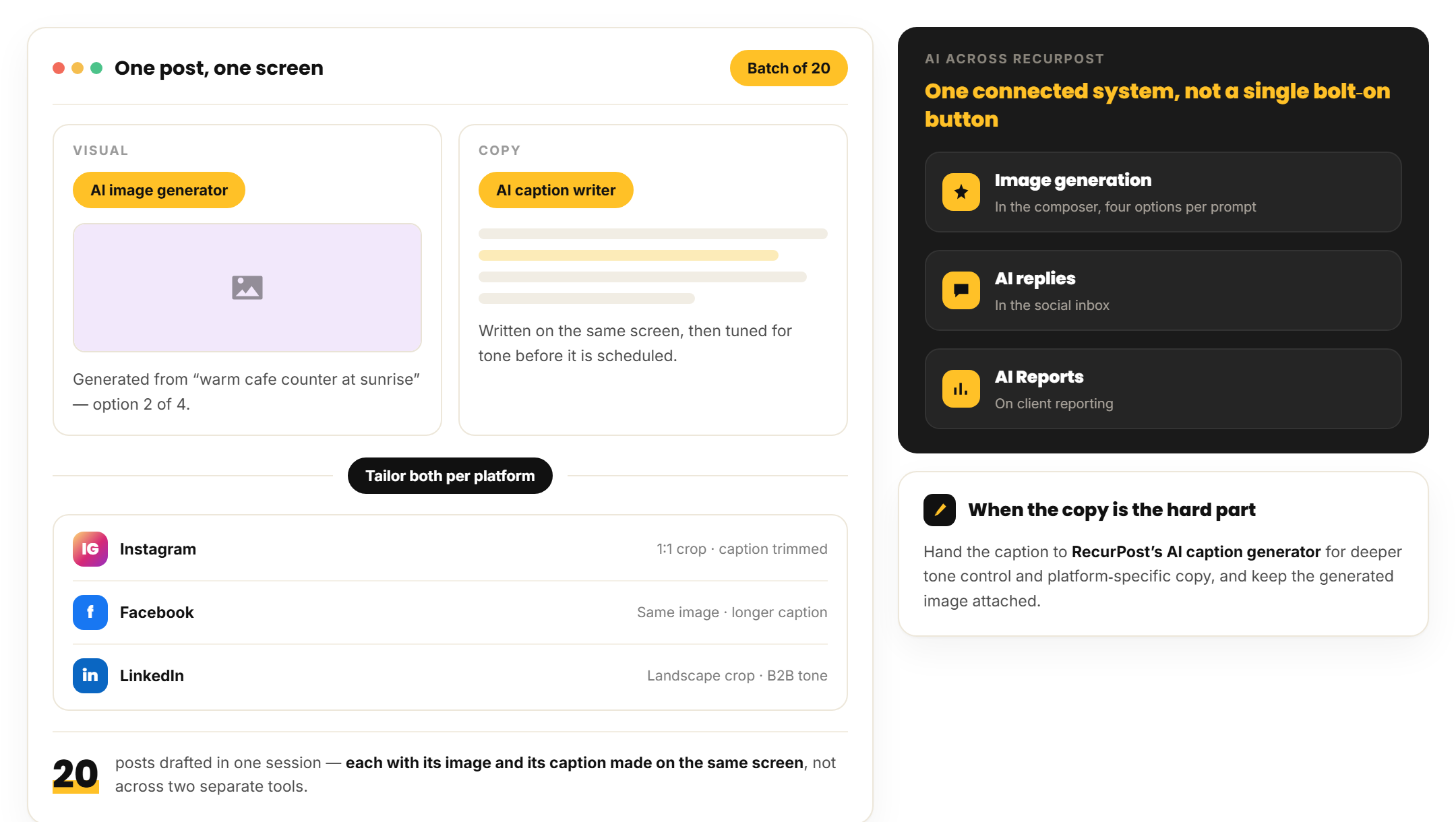 RecurPost generating a post image and caption on the same screen, with AI across composer, inbox and reports