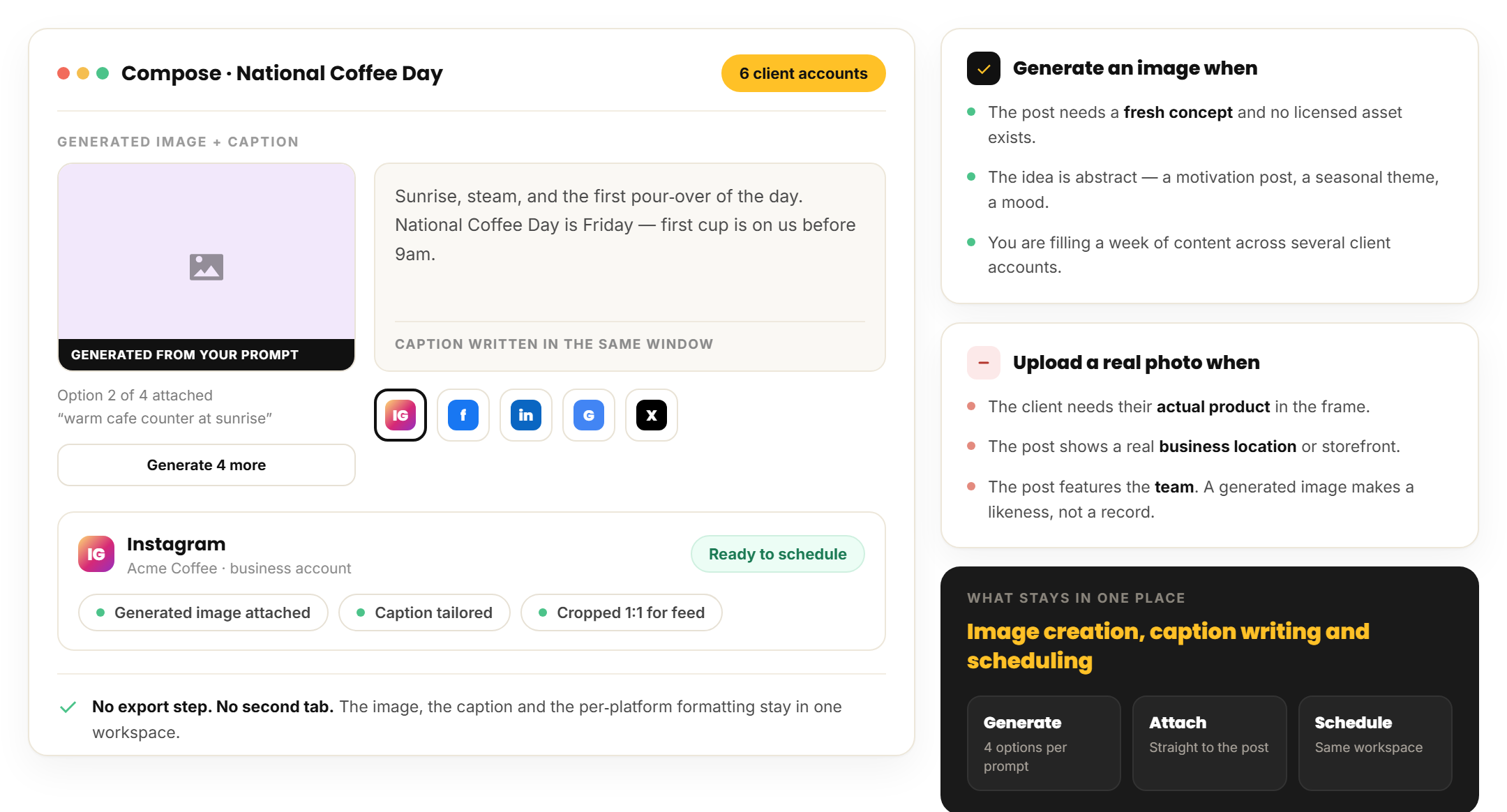Generated image, caption and per-platform formatting together on one RecurPost composer screen