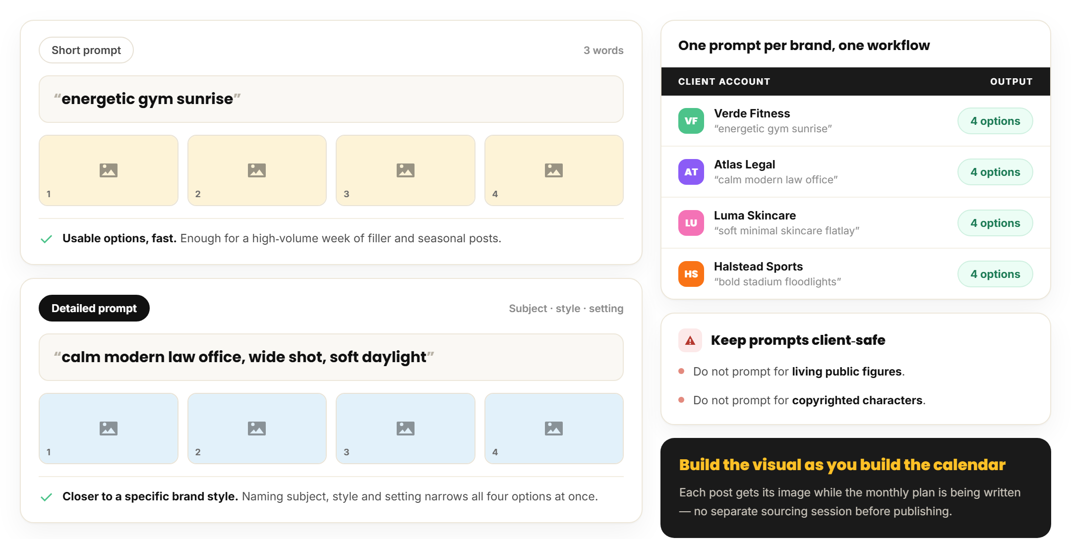 Short and detailed AI image prompts in RecurPost, each returning four variations