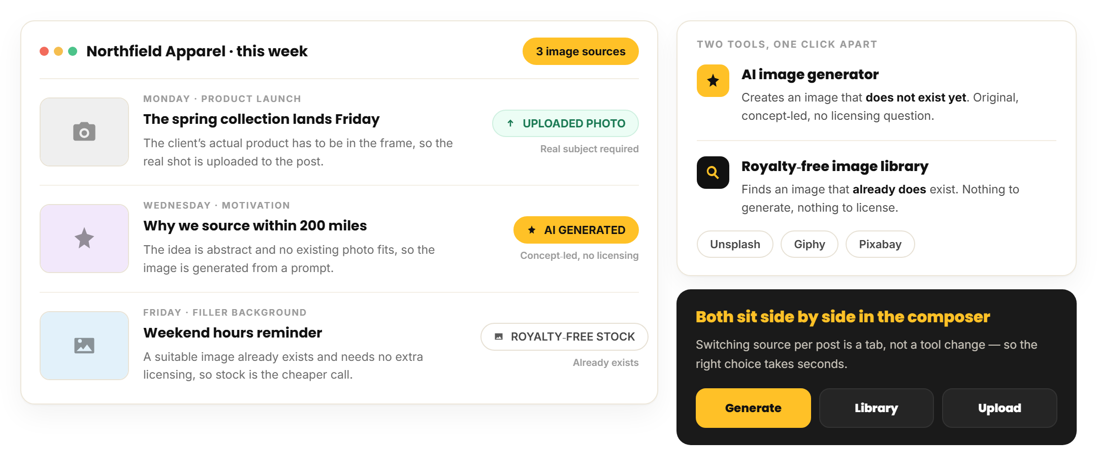 One client week in RecurPost using an uploaded photo, an AI-generated image and a royalty-free stock photo