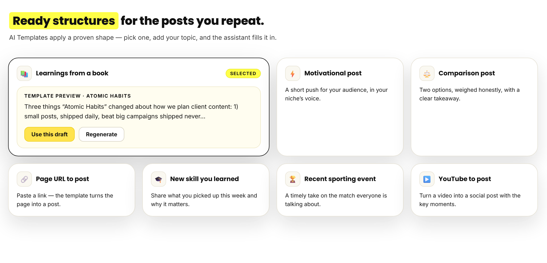 RecurPost AI Templates with ready post structures like motivational and comparison posts