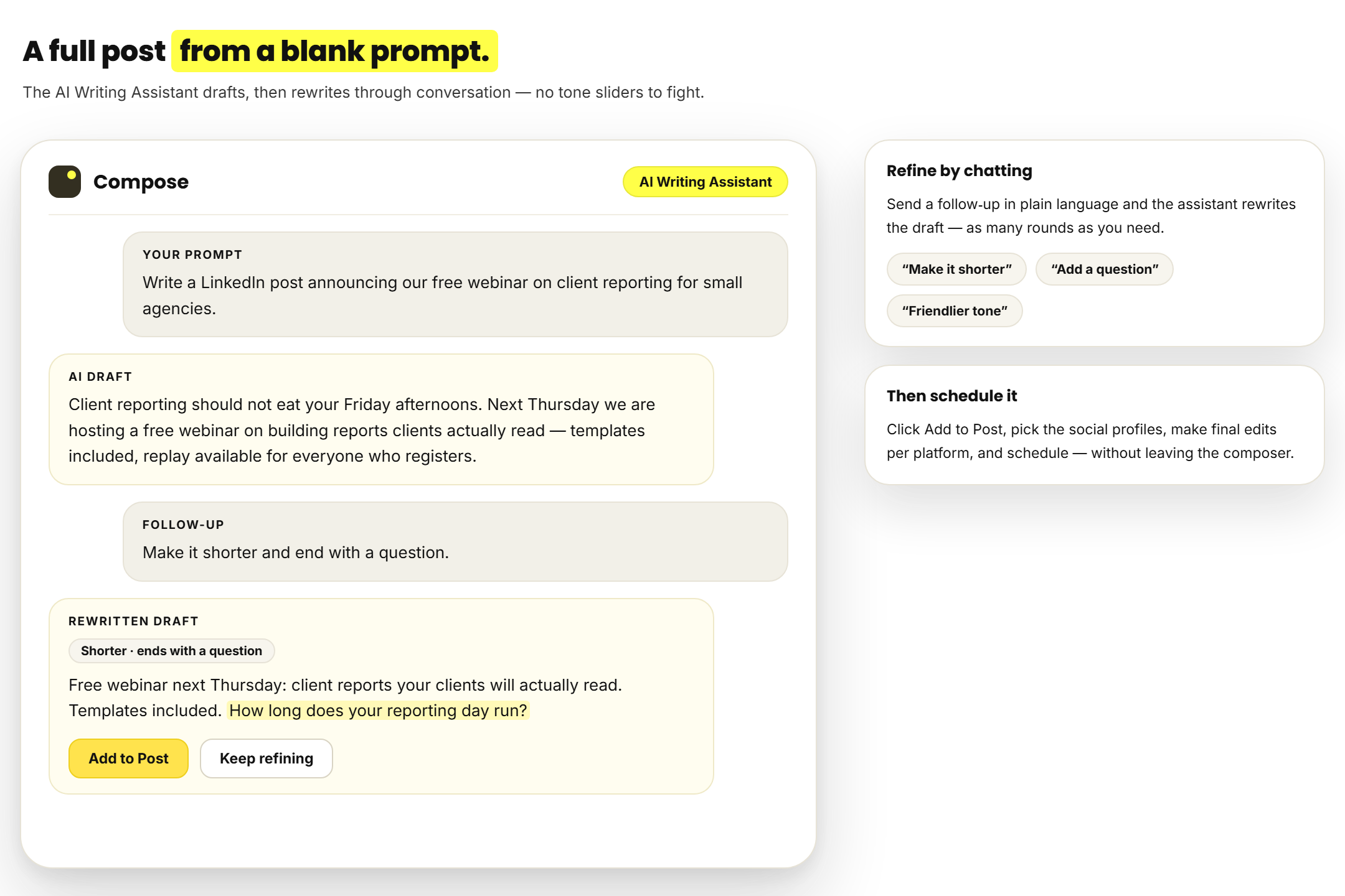 RecurPost AI Writing Assistant drafting and refining a full post from a blank prompt