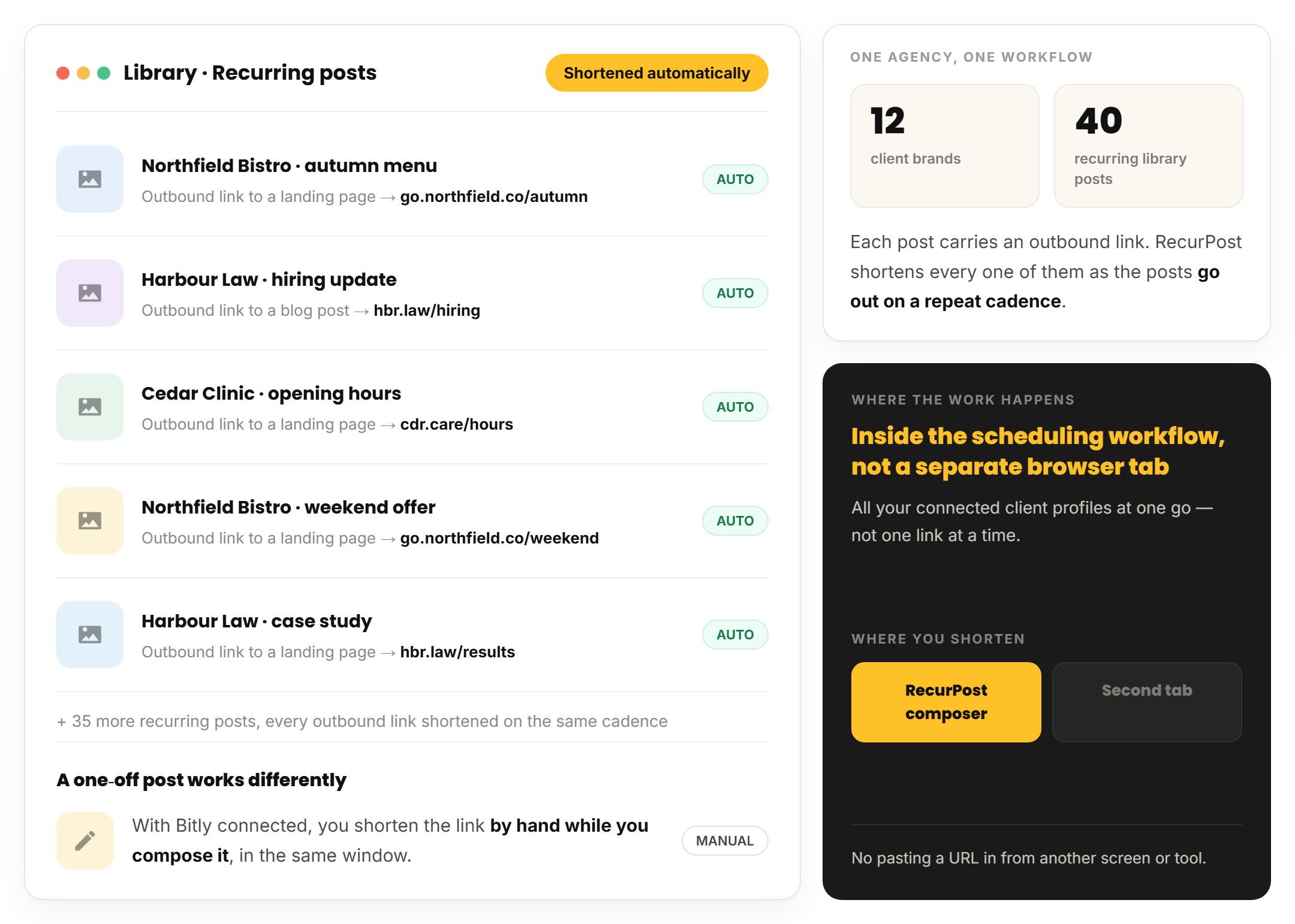 RecurPost shortening links automatically in recurring library posts and by hand in a one-off post