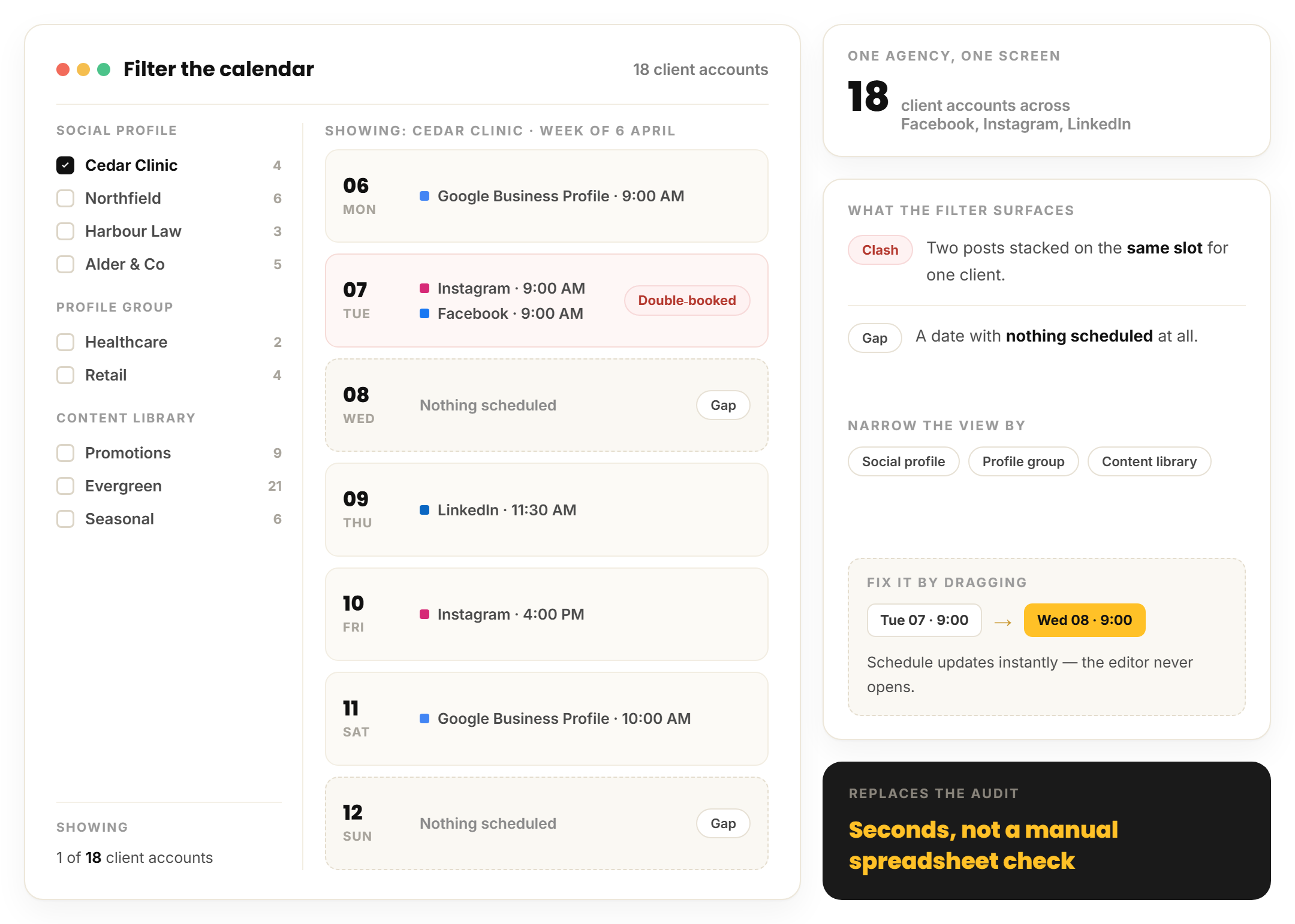 social media calendar filtered to one client, showing a double-booked slot and an empty date
