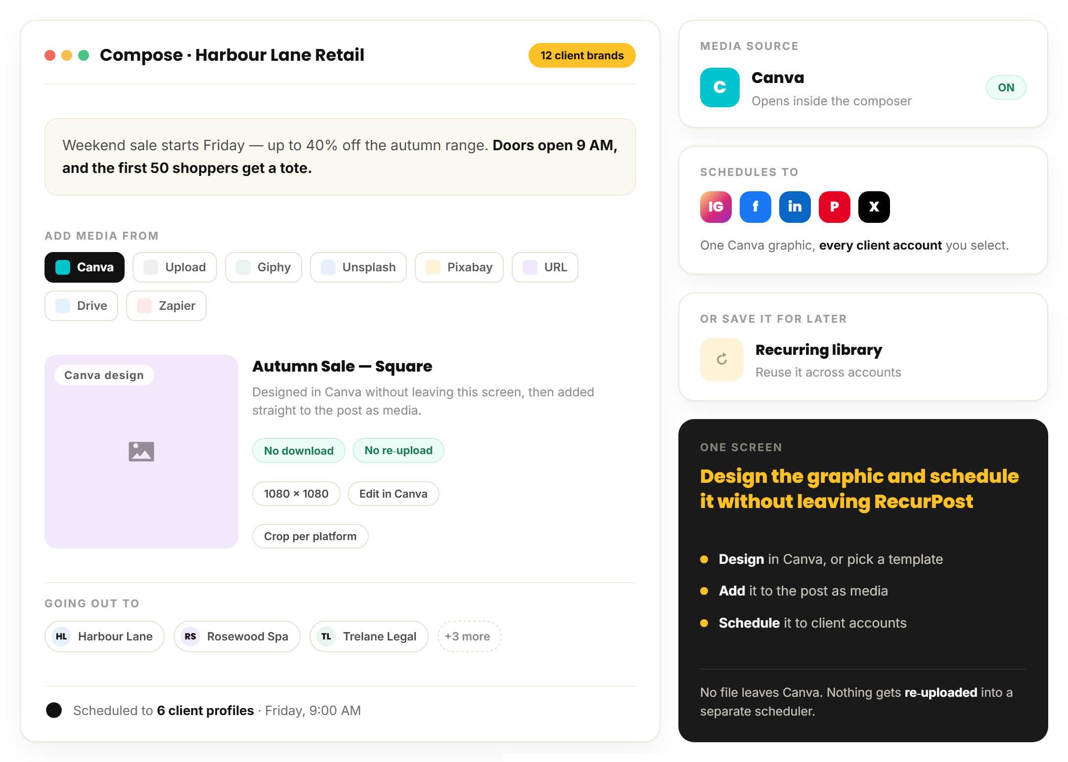 RecurPost composer with Canva selected in the media-source row and the design added to the post