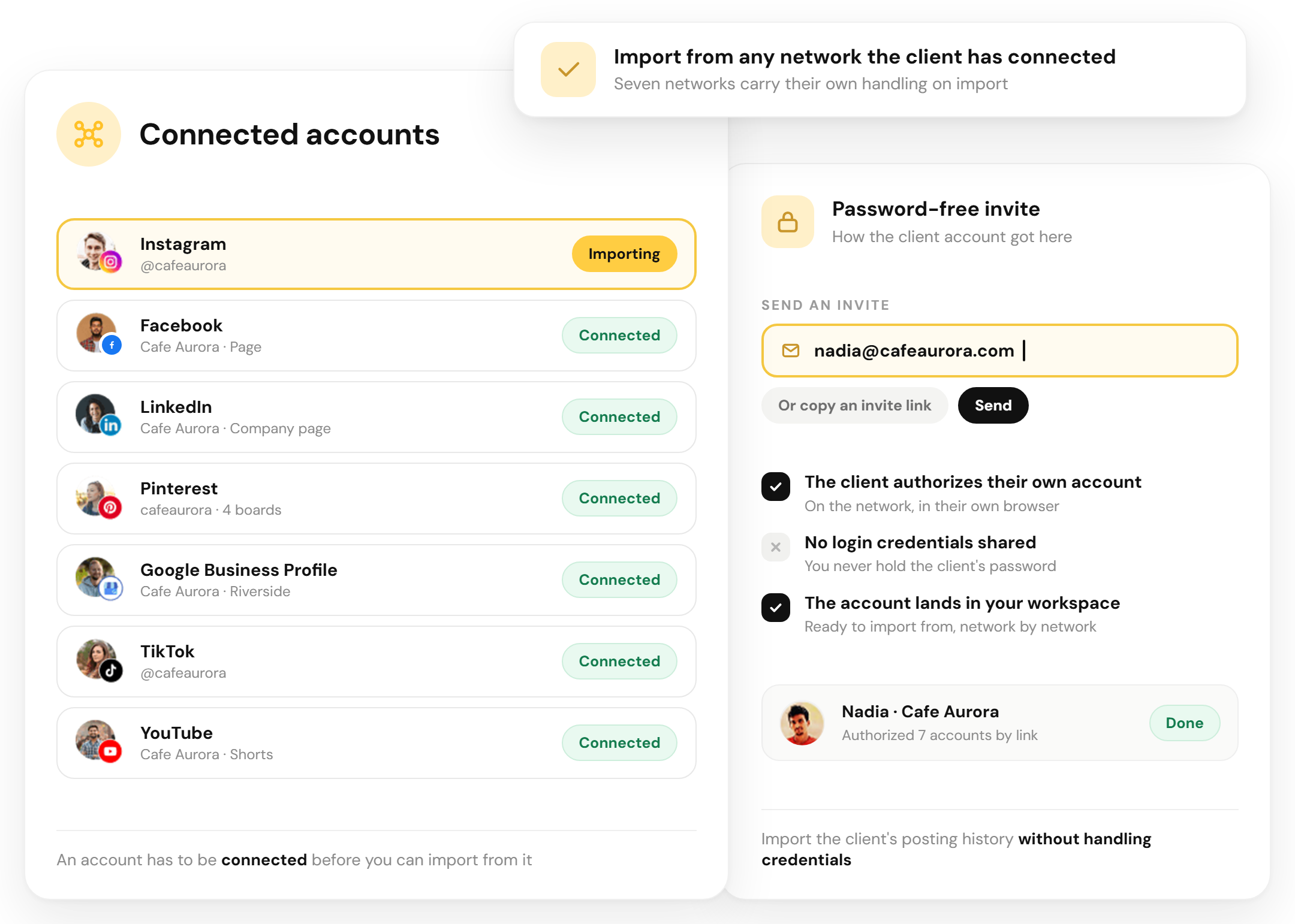 Connected Facebook, Instagram, LinkedIn, Pinterest, Google Business Profile, TikTok and YouTube accounts available for import in RecurPost