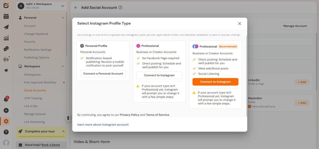 Connecting to Instagram in Social Champ