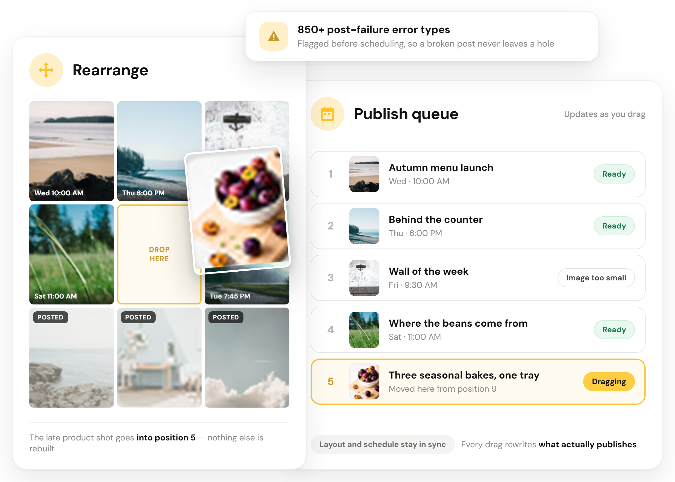 Dragging a scheduled Instagram post into a new grid cell in RecurPost while the publish queue reorders to match