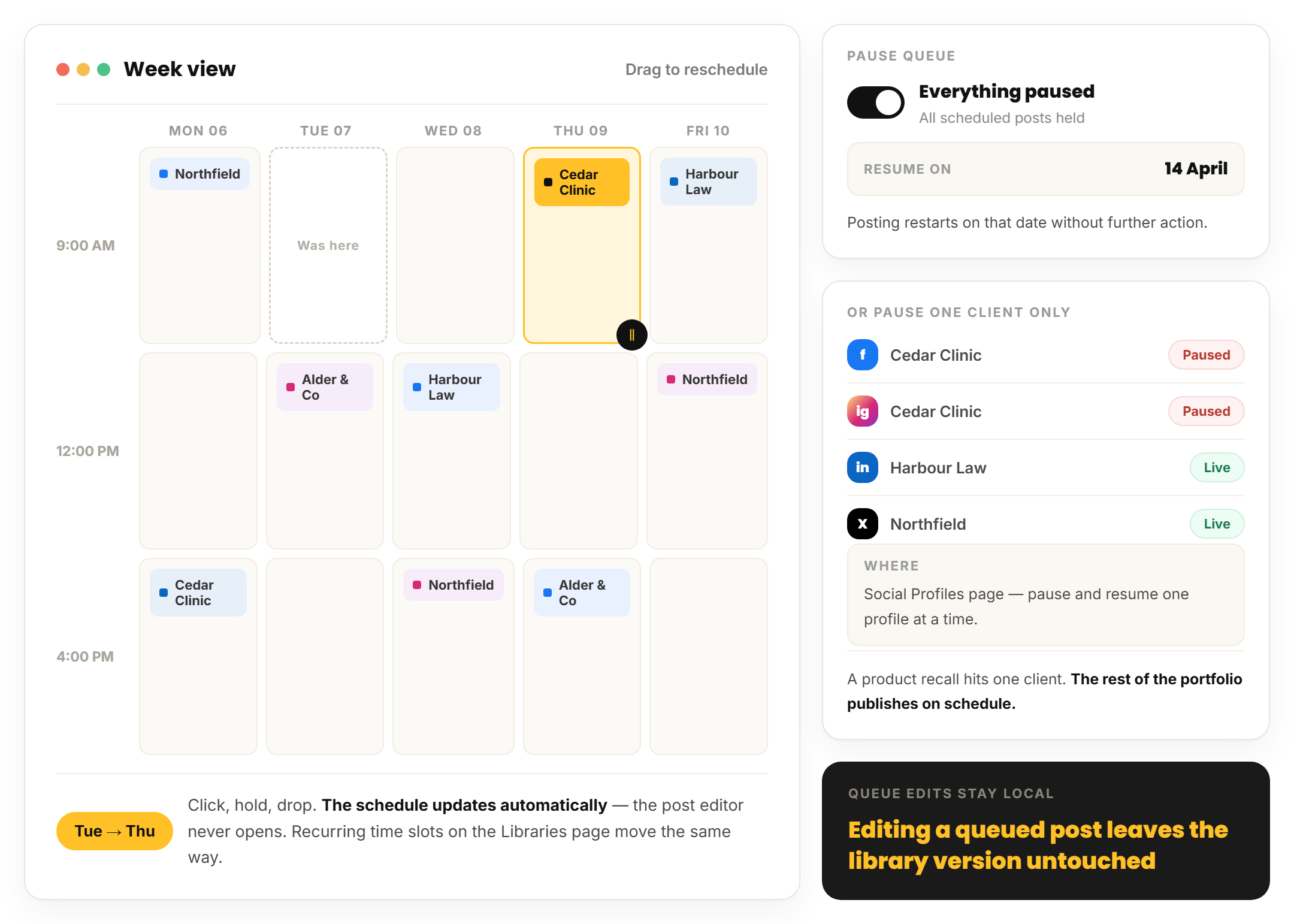 drag and drop rescheduling in week view, with pause queue and a resume date