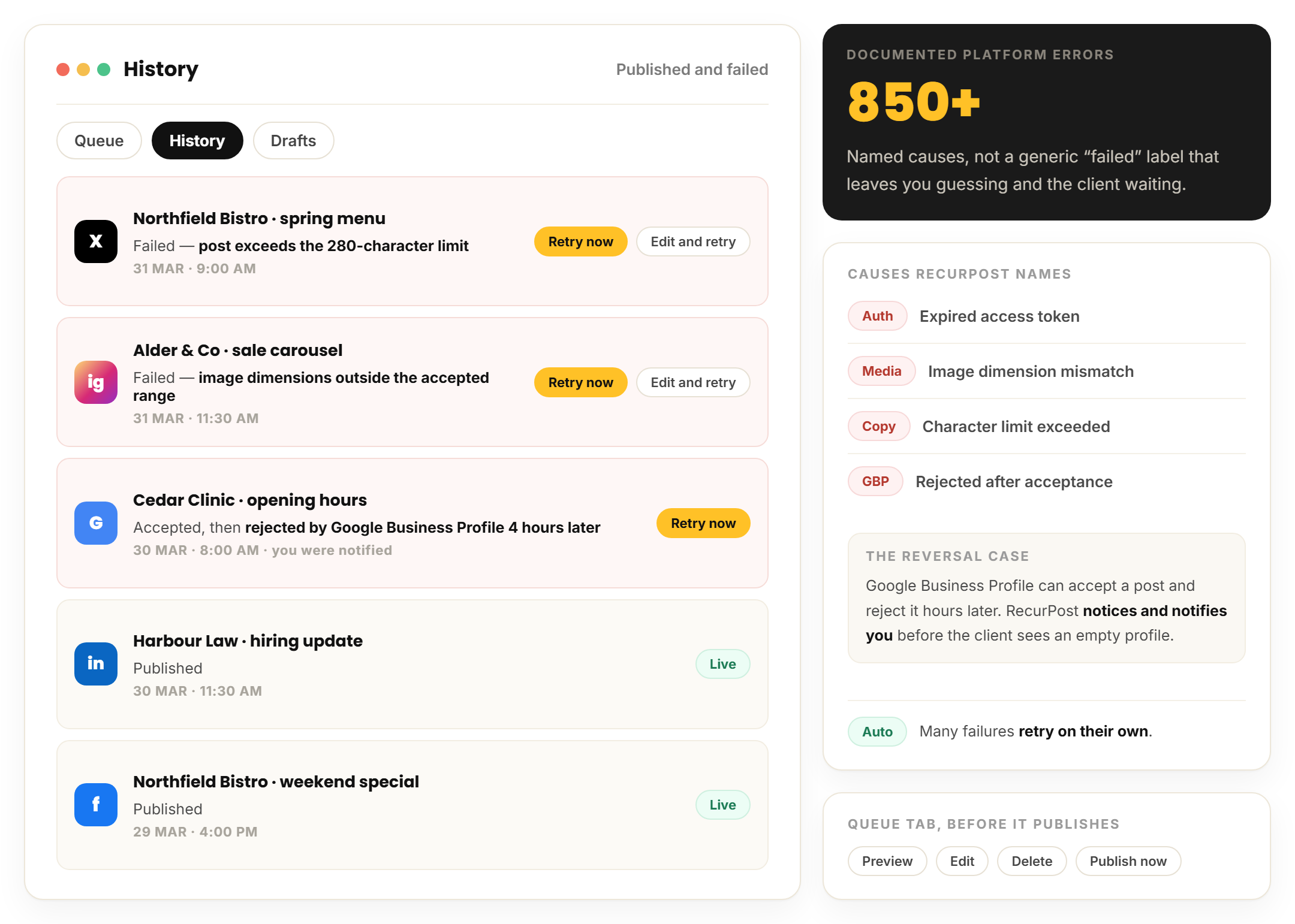 history tab naming the exact reason a scheduled post failed, with retry actions