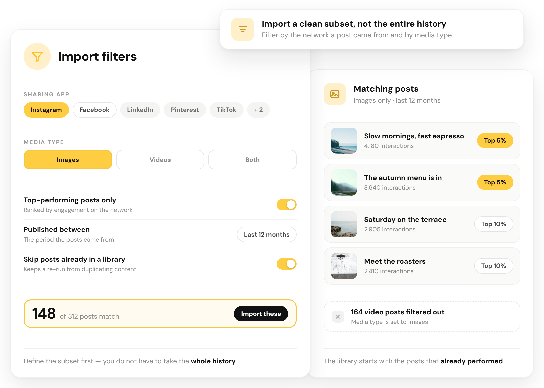 RecurPost import filters selecting sharing app and media type before the import runs