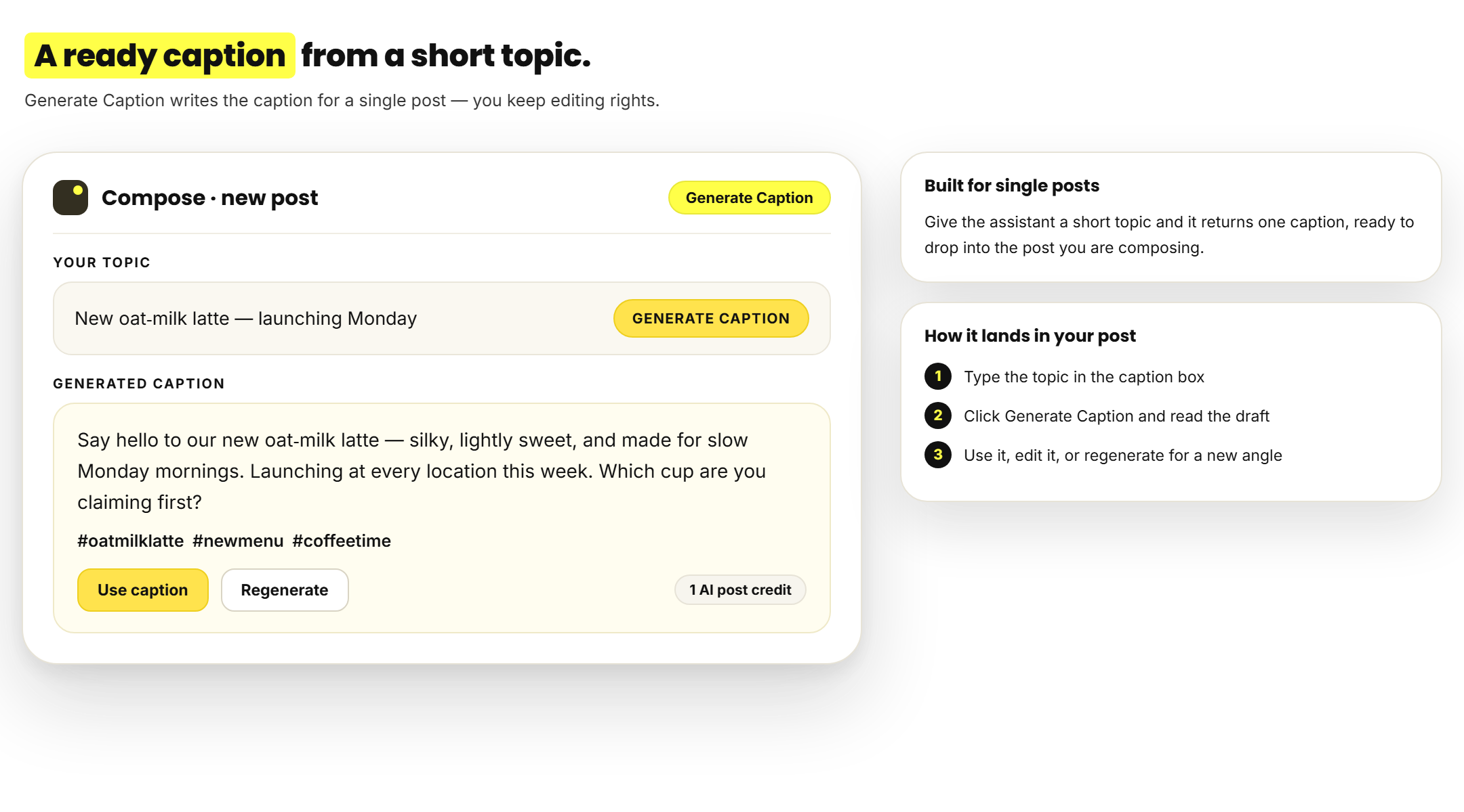 Generate Caption mode writing a post caption from a short topic in RecurPost