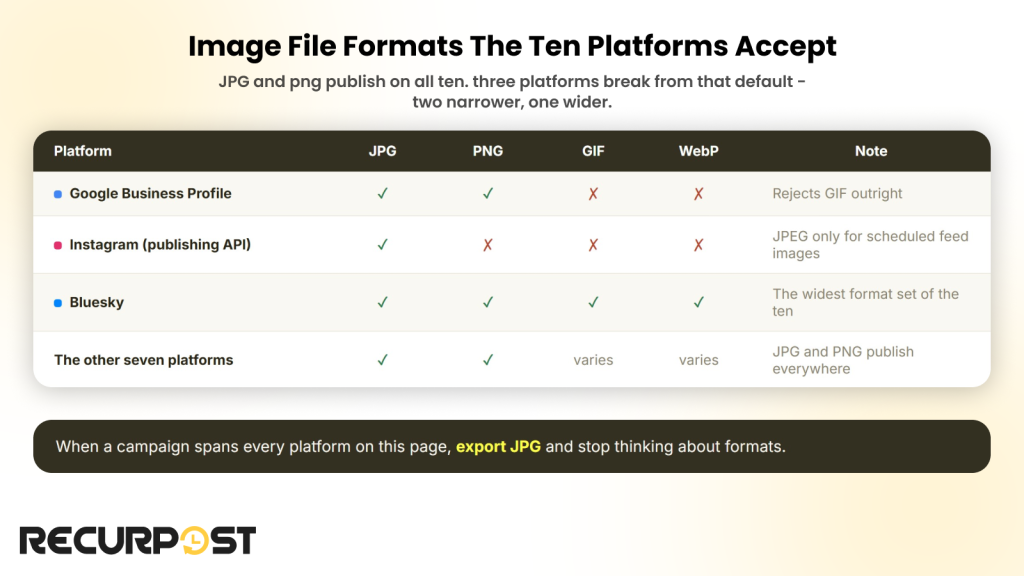 Table of image file formats the ten platforms accept, showing JPG, PNG, GIF, and WebP support with notes for Google Business Profile, Instagram's publishing API, and Bluesky