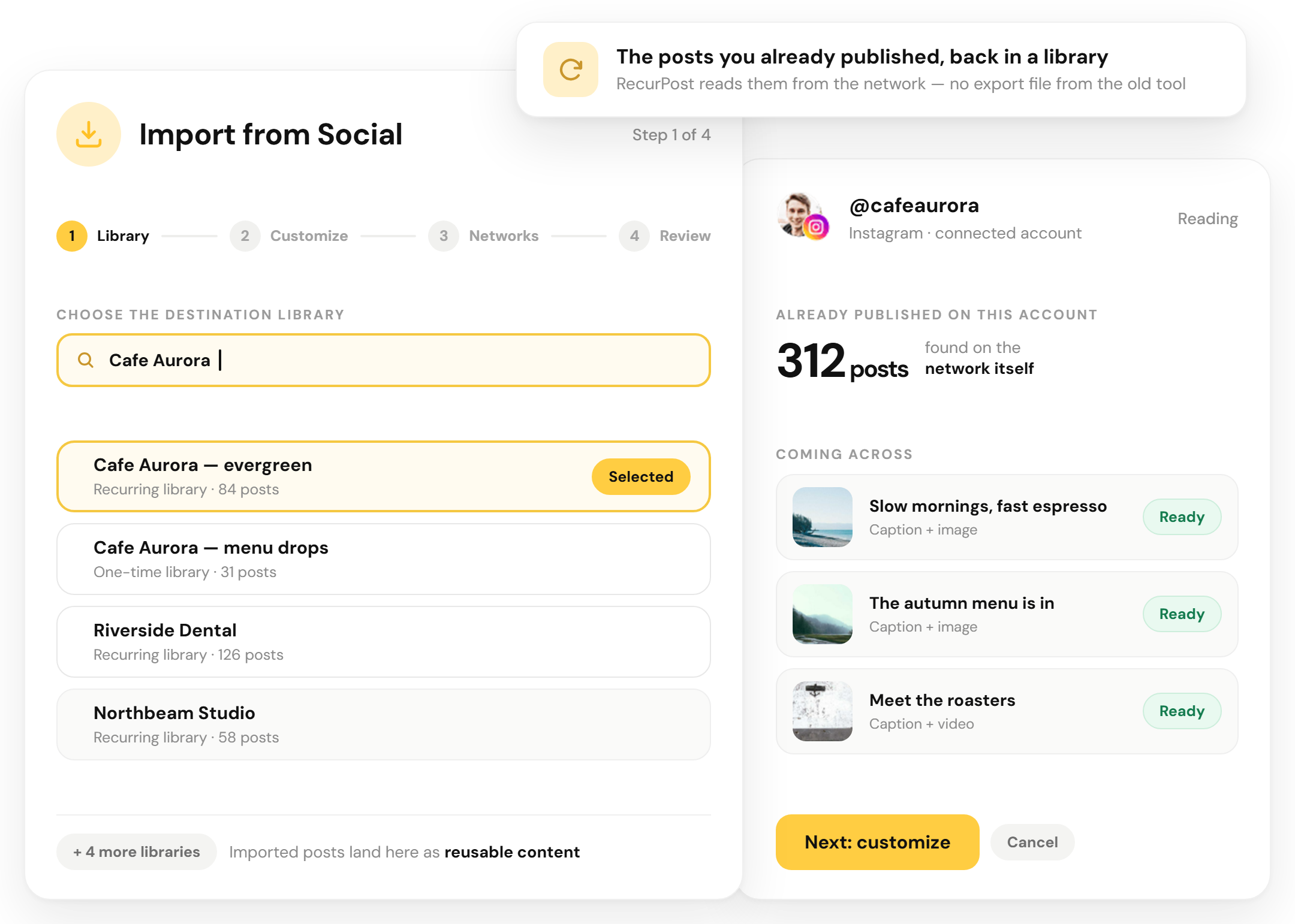 RecurPost Import from Social wizard selecting a connected account and a destination library