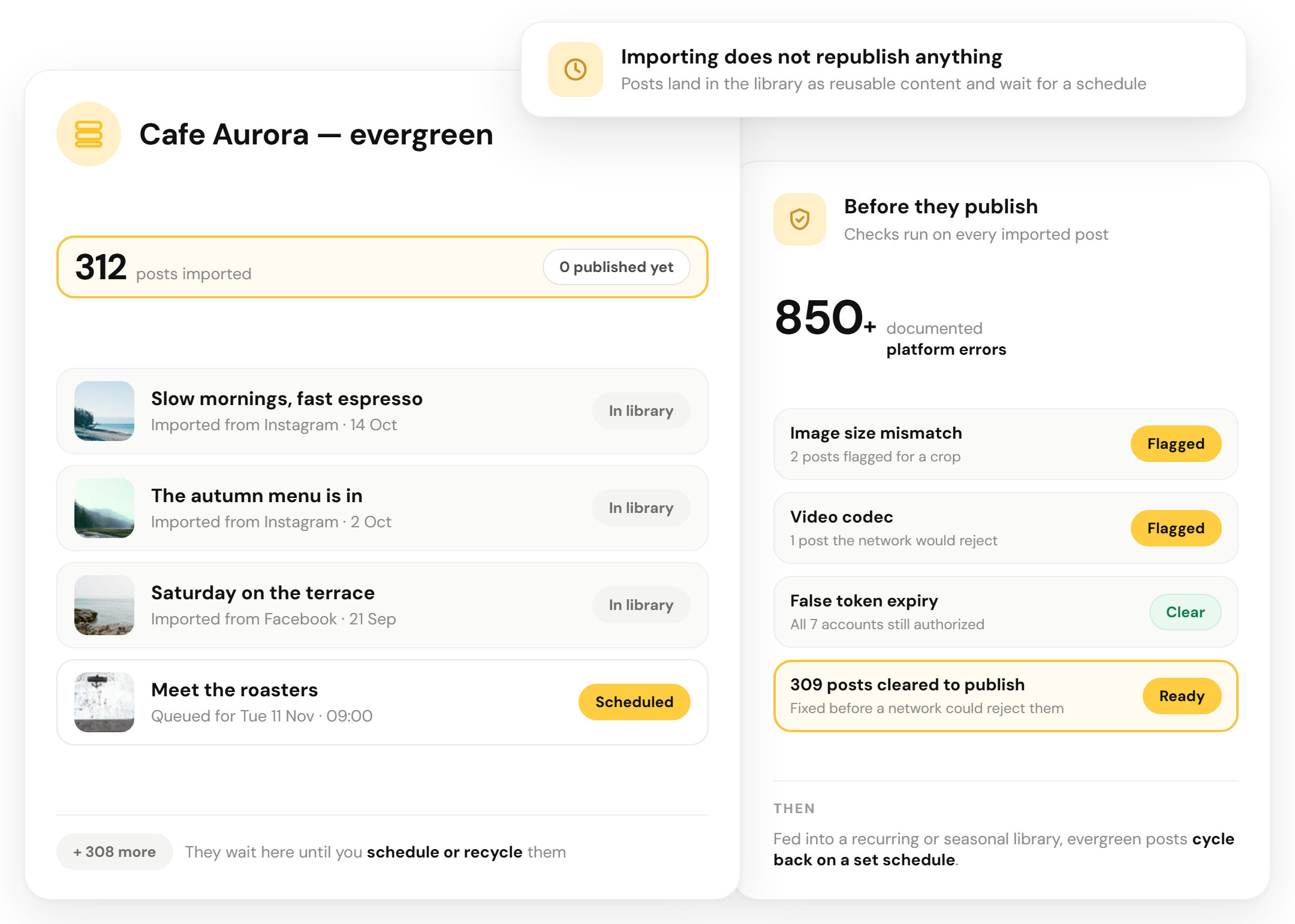 Imported posts waiting in a RecurPost library with platform error checks before publishing