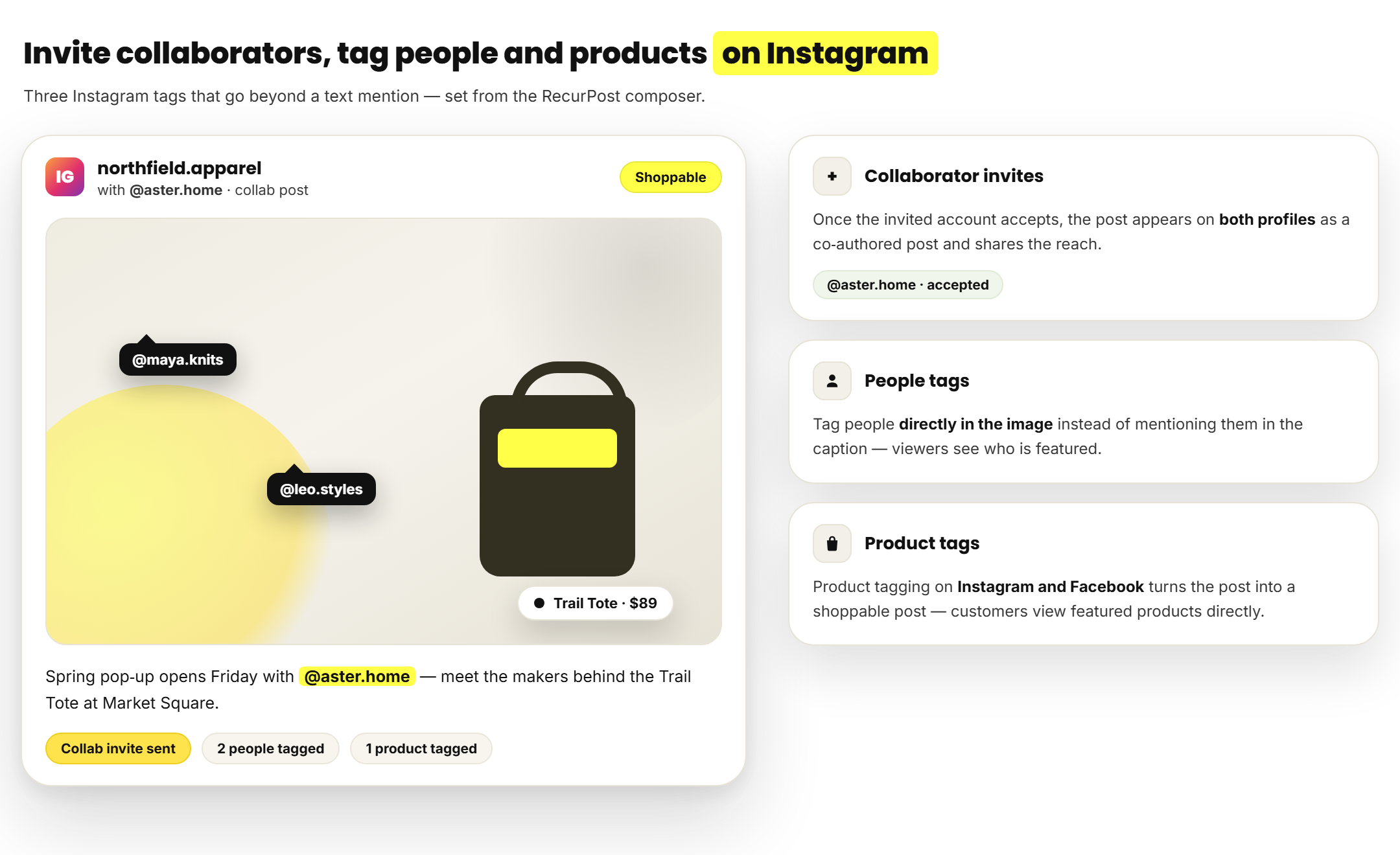 Instagram post in RecurPost with a collaborator invite, people tags inside the image, and a product tag