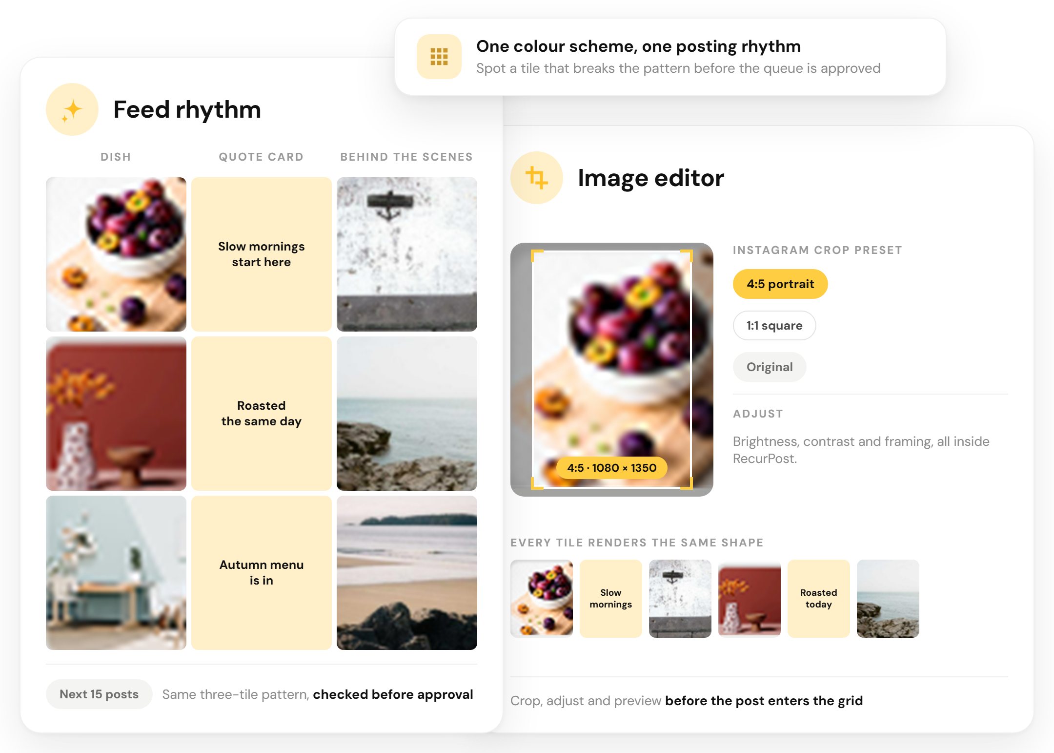 Instagram feed rhythm held across scheduled posts using the RecurPost image editor 1:1 and 4:5 crop presets