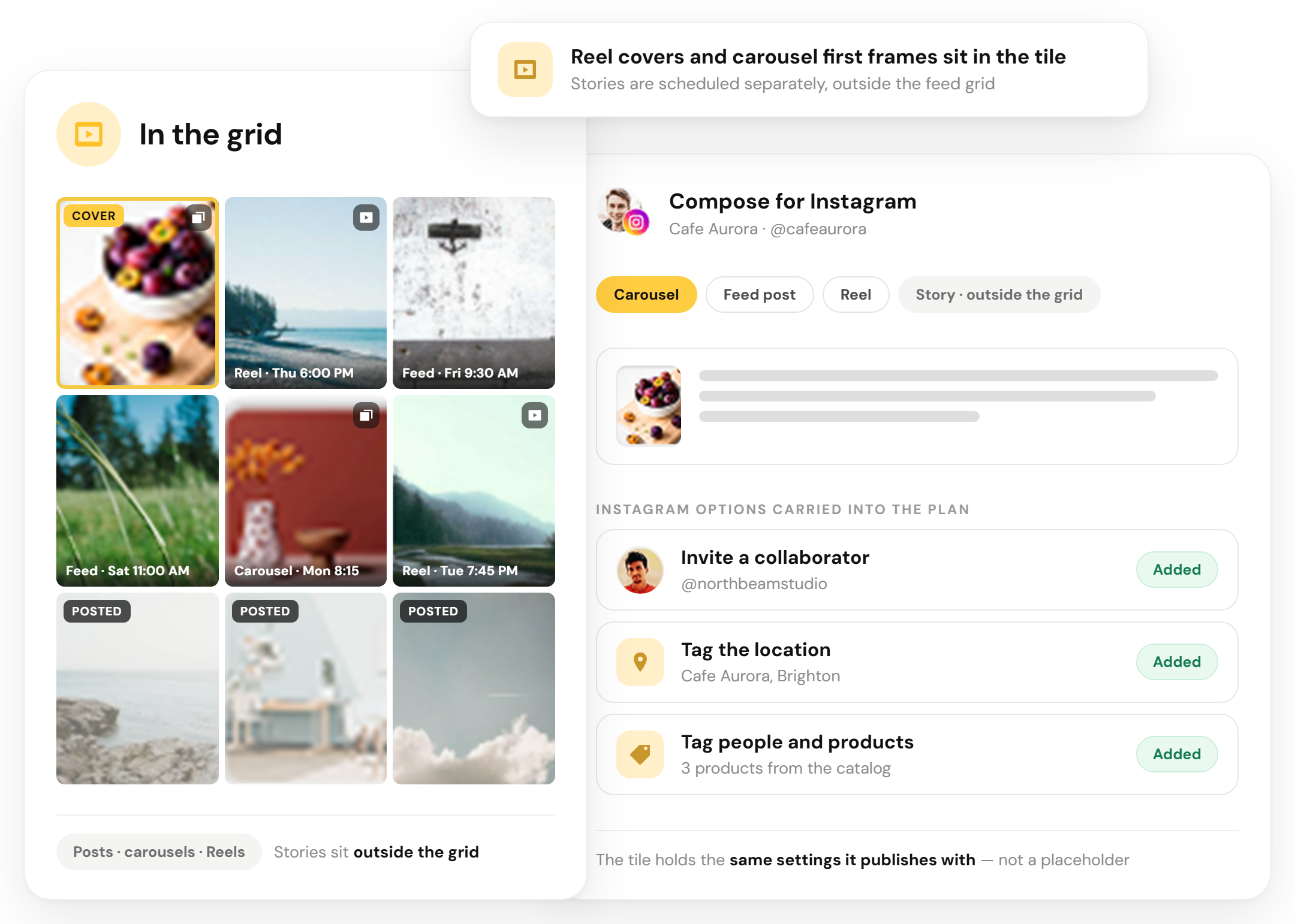 Instagram grid tiles in RecurPost showing feed posts, carousel covers and Reel covers, with Stories scheduled outside the grid