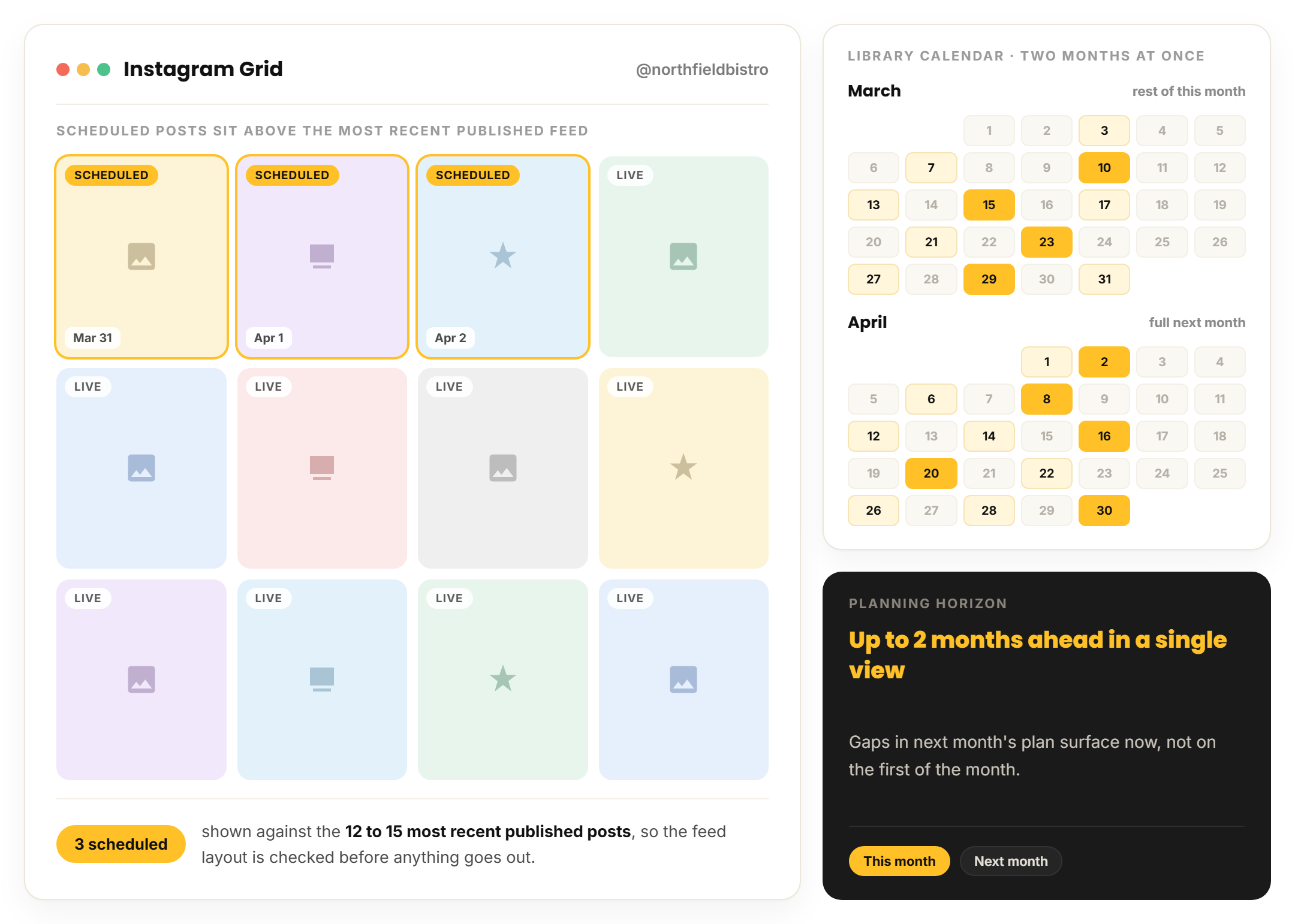 Instagram Grid view of scheduled posts beside the published feed, with a two-month library calendar