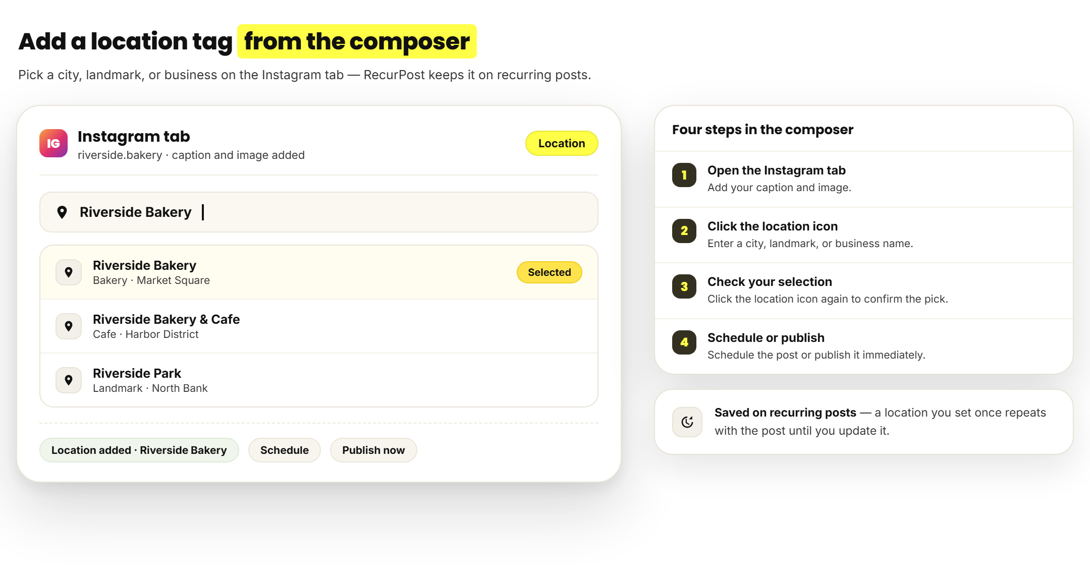 Adding a location tag to an Instagram post from the location icon in the RecurPost composer