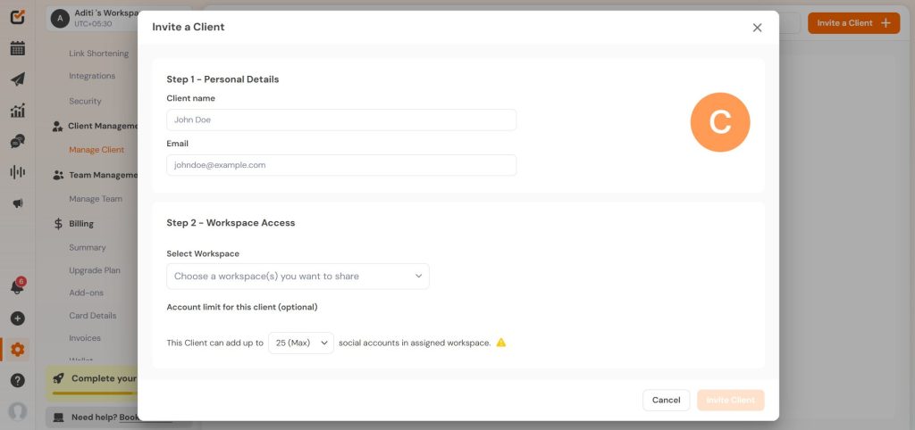Inviting Clients in Social Champ