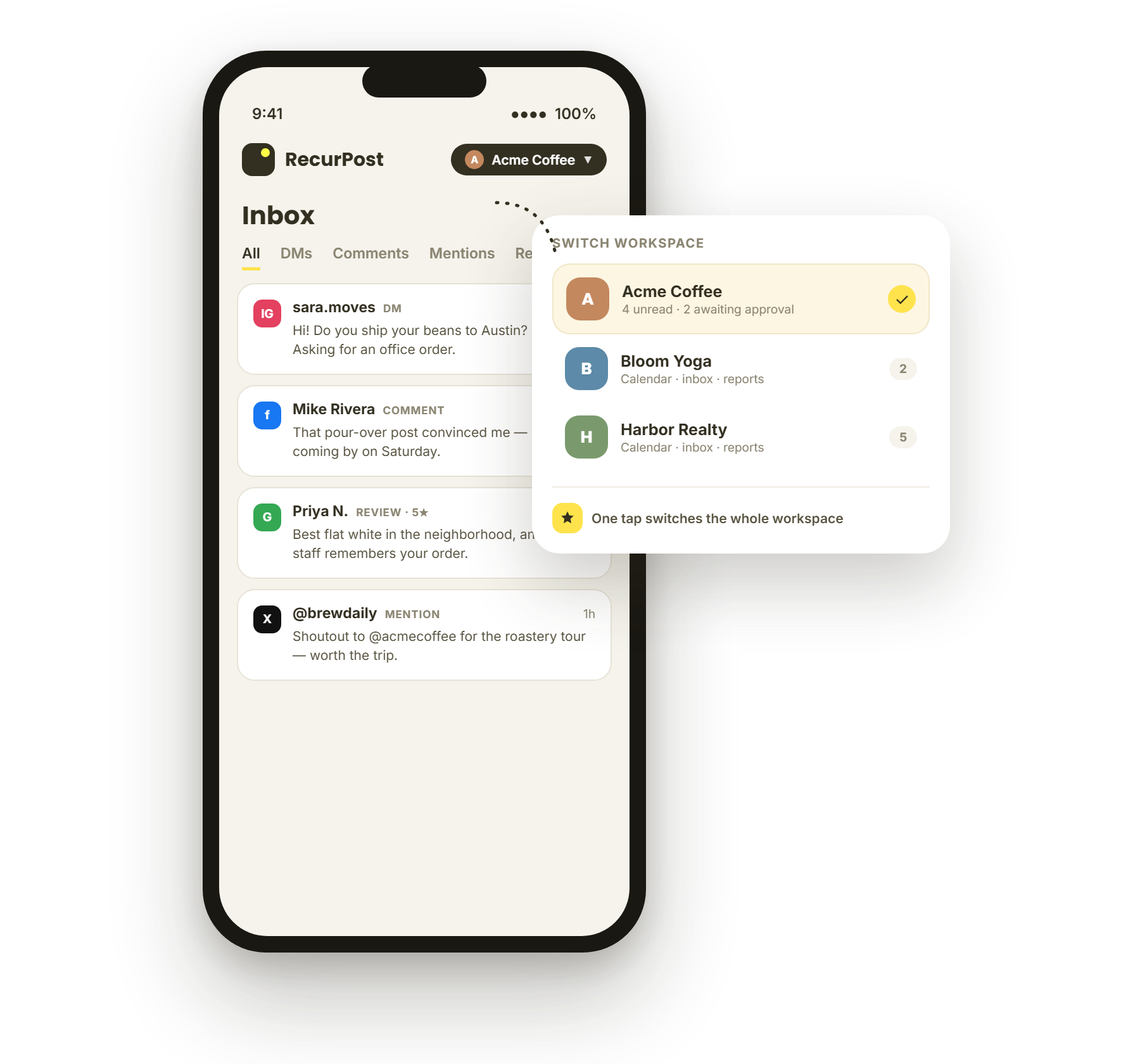 RecurPost mobile social inbox client workspace switching
