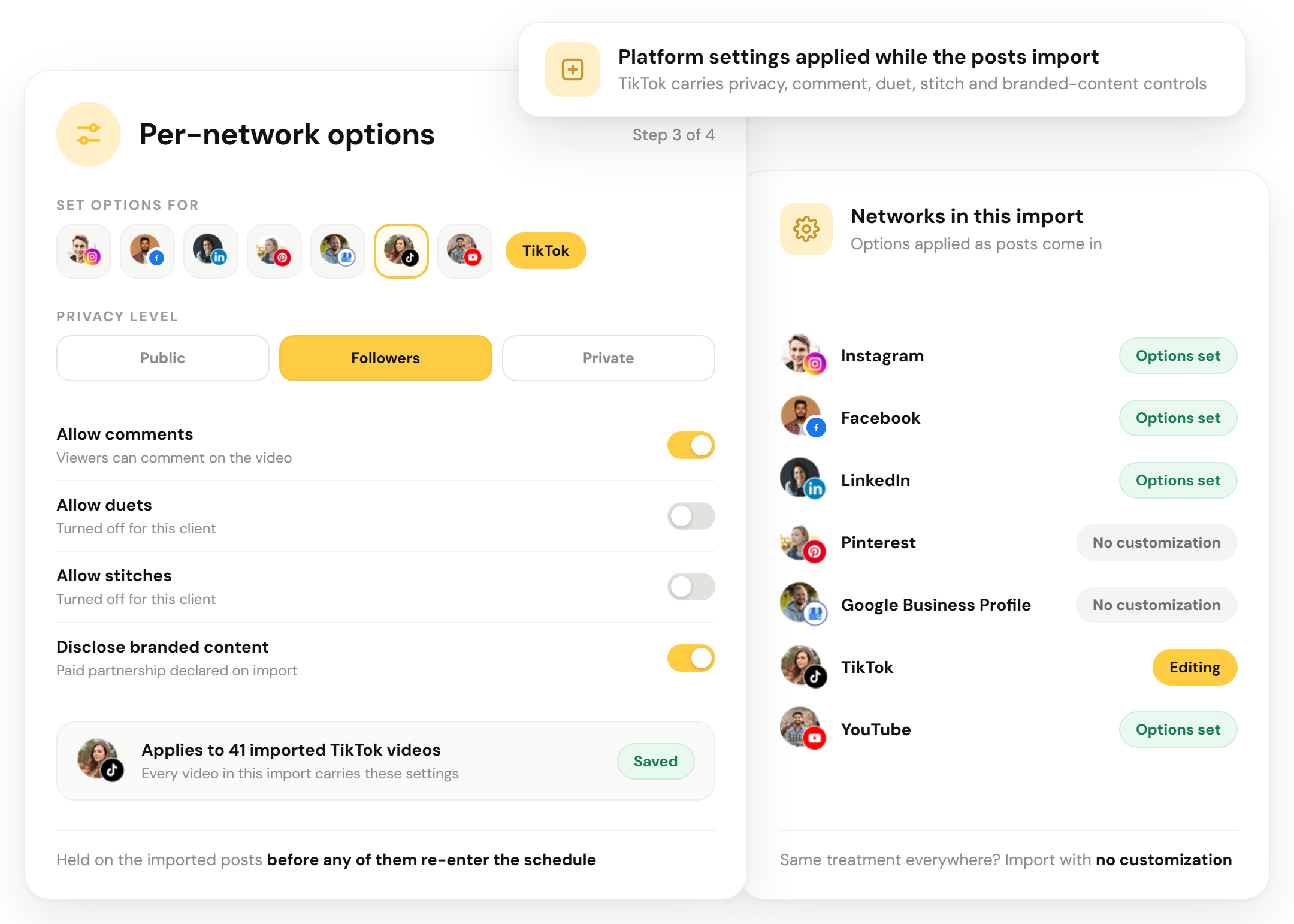 Per-network import settings in RecurPost with TikTok privacy, comment, duet, stitch and branded content controls