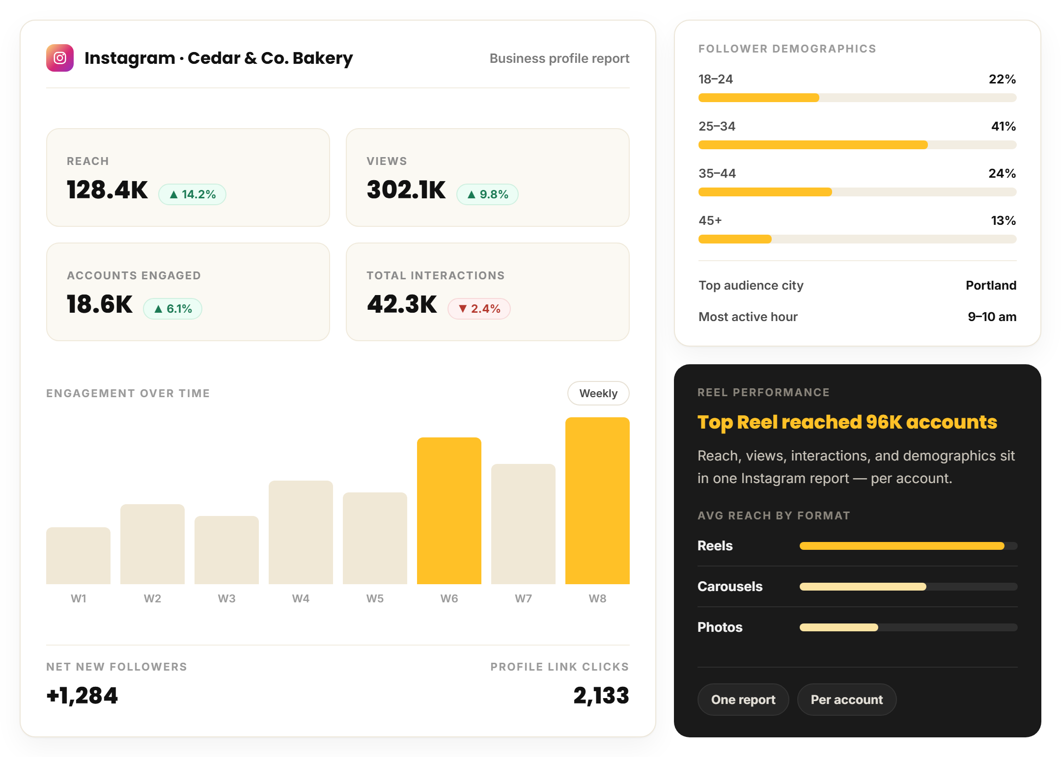 RecurPost Instagram report reach views and follower demographics