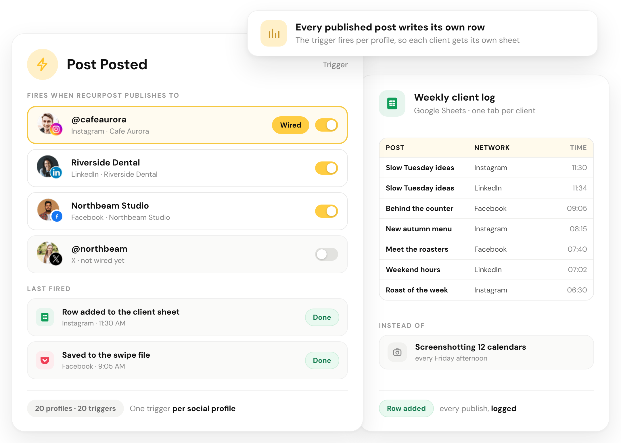 The New Update Posted trigger wired per social profile, logging every published post to a per-client sheet