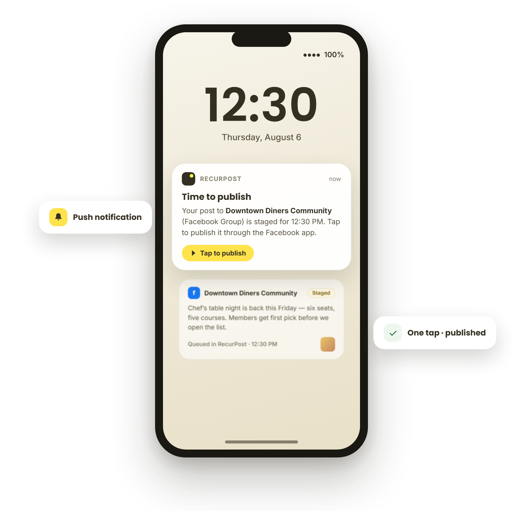 RecurPost push notification publish Facebook Group staged post