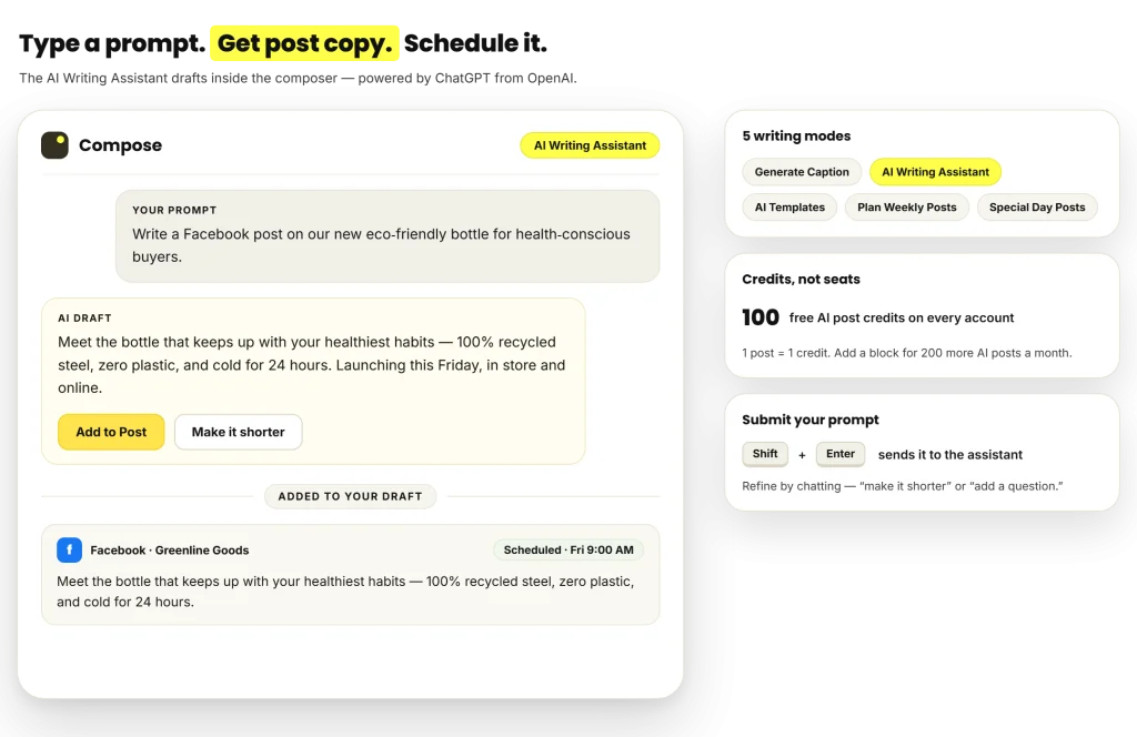 RecurPost AI content generator inside the composer