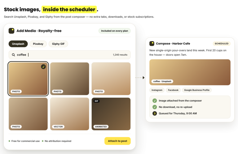 RecurPost composer royalty-free image search across Unsplash and Pixabay and Giphy
