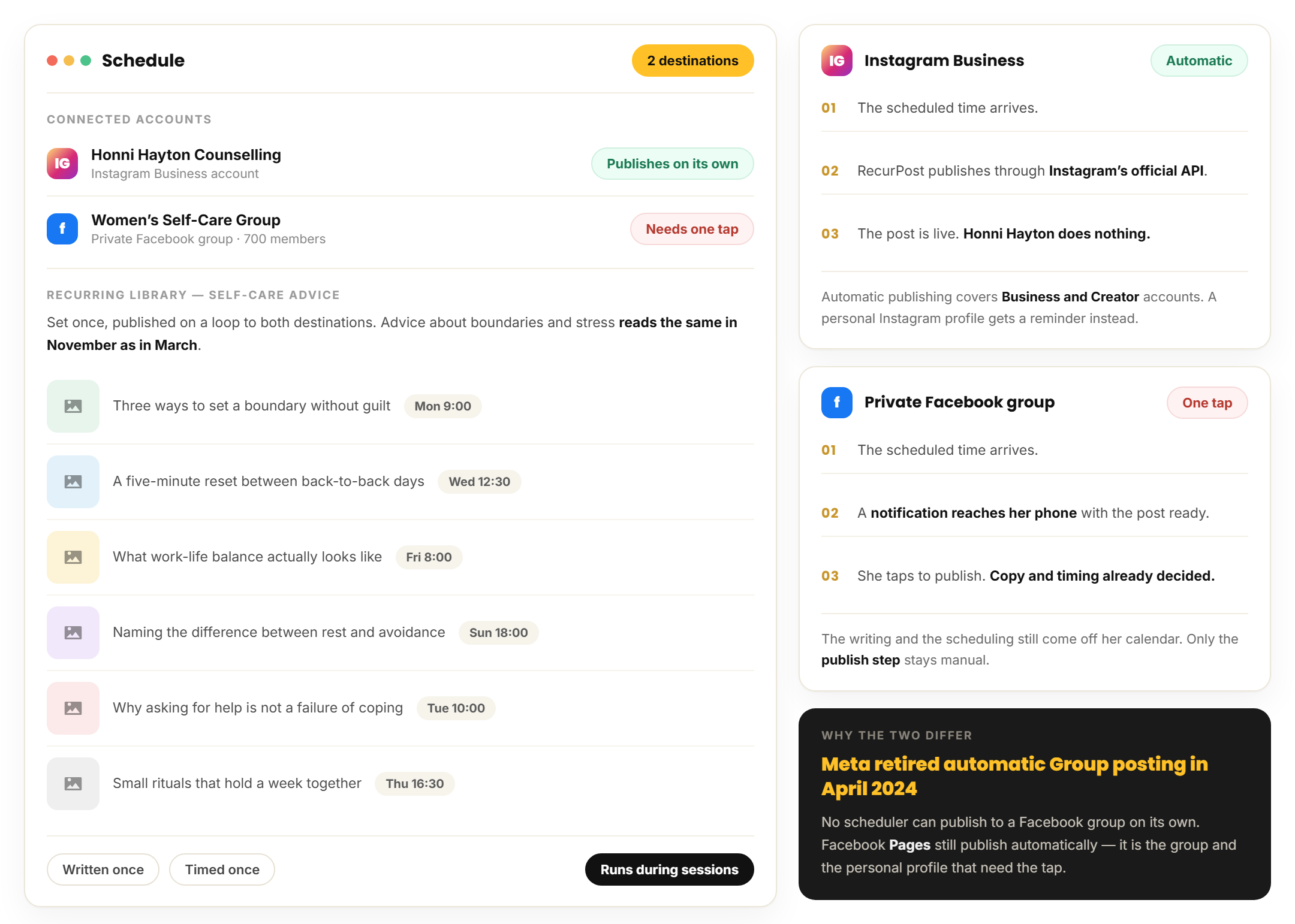 RecurPost schedule publishing Honni Hayton Counselling posts automatically to an Instagram Business account and sending private Facebook group posts to her phone as a notification to tap