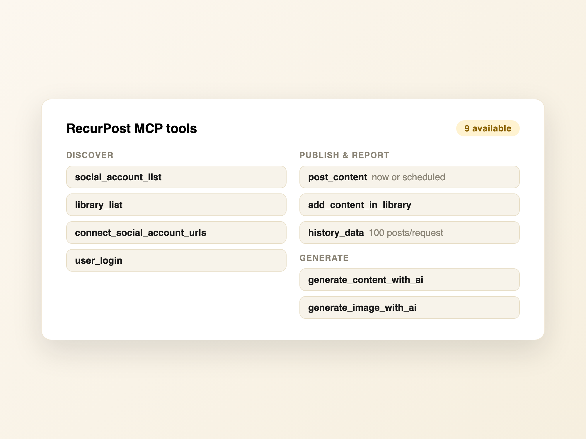 RecurPost MCP server nine tools grouped by discover publish and generate