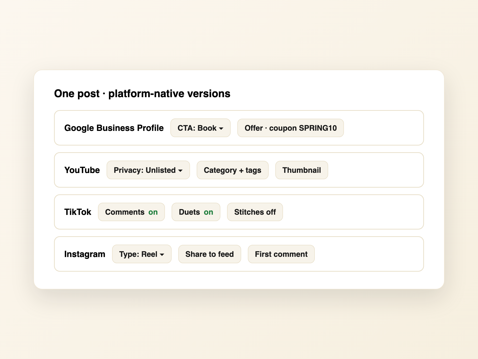 RecurPost MCP per-platform options with GBP CTA and YouTube and TikTok controls