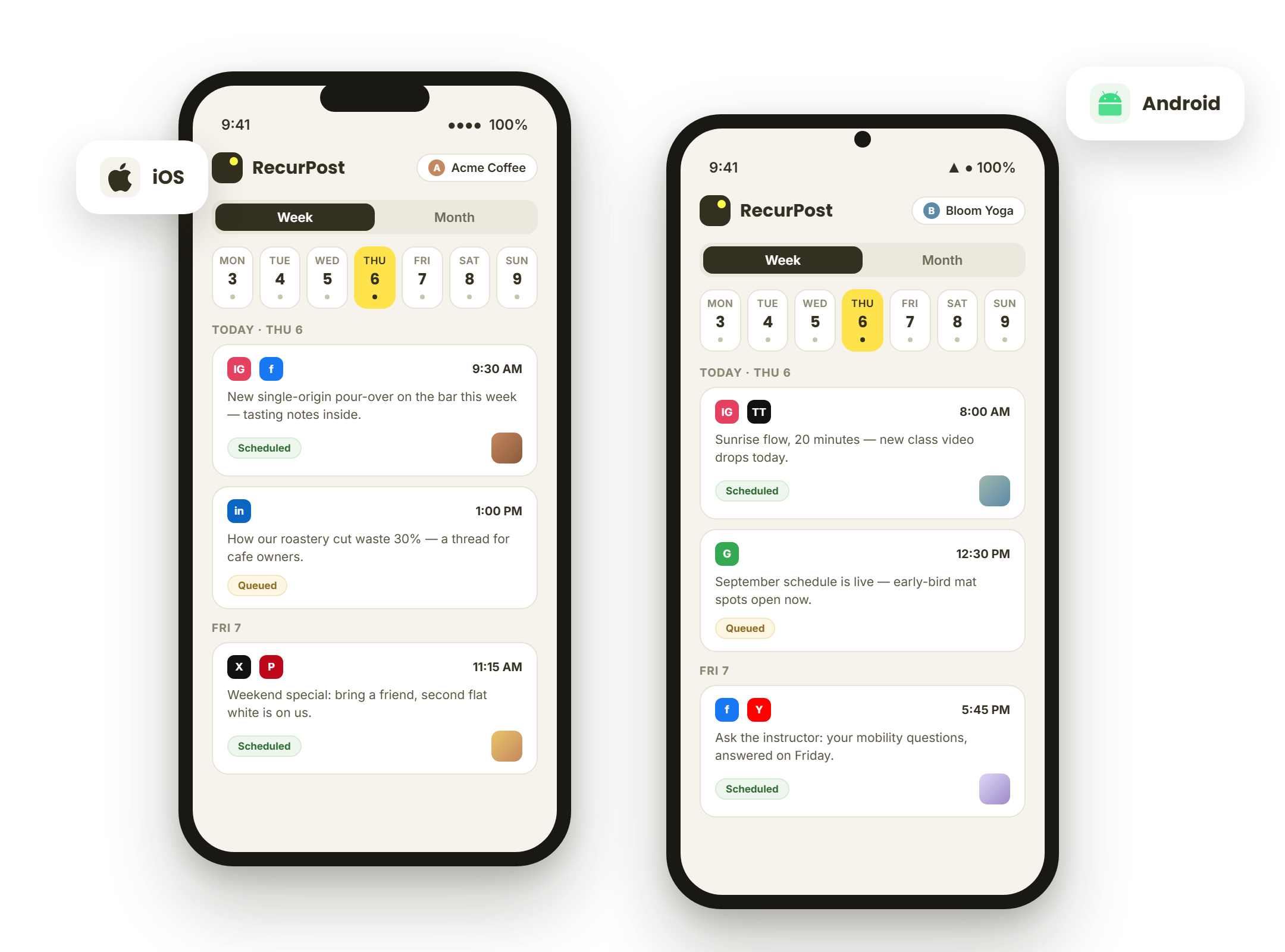 RecurPost mobile app content calendar week view
