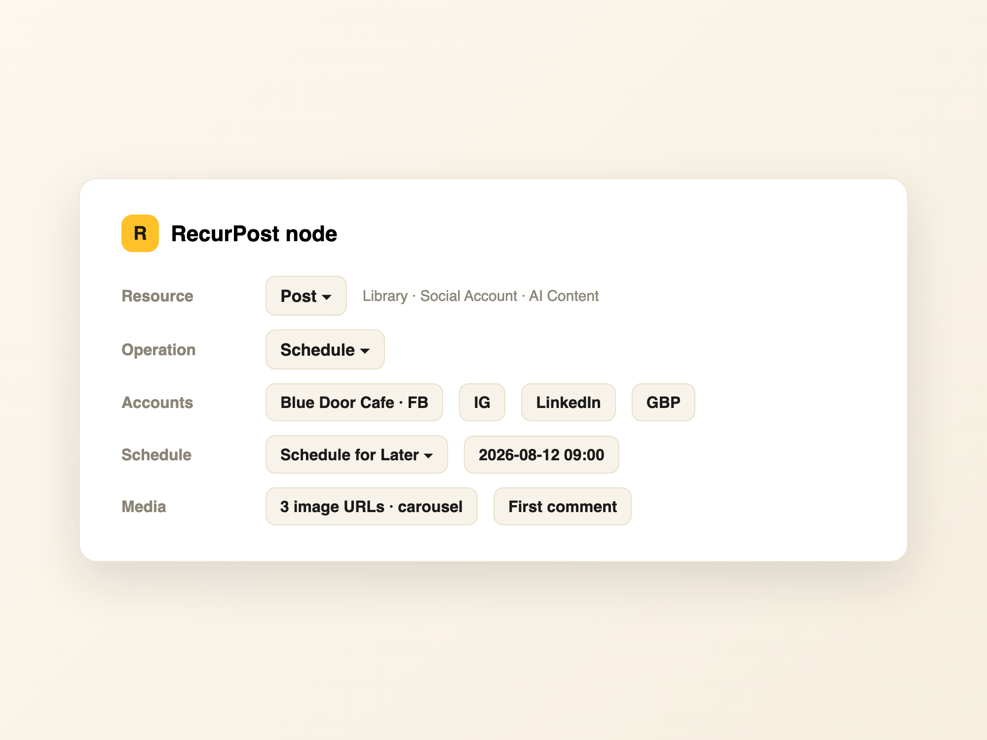 RecurPost n8n node panel with post resource schedule operation and accounts