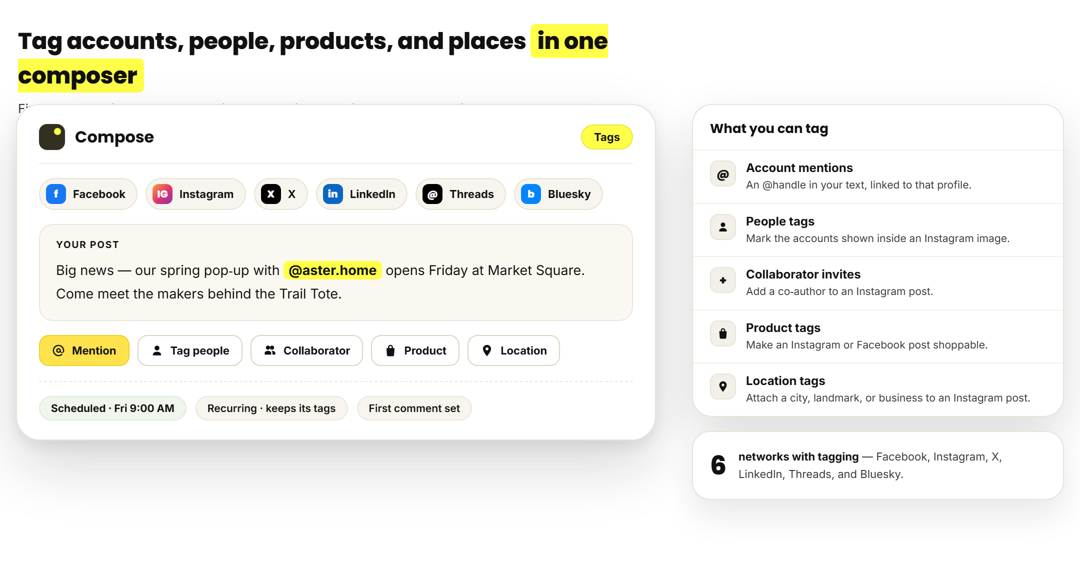 RecurPost composer tag users mention accounts Instagram collaborator location