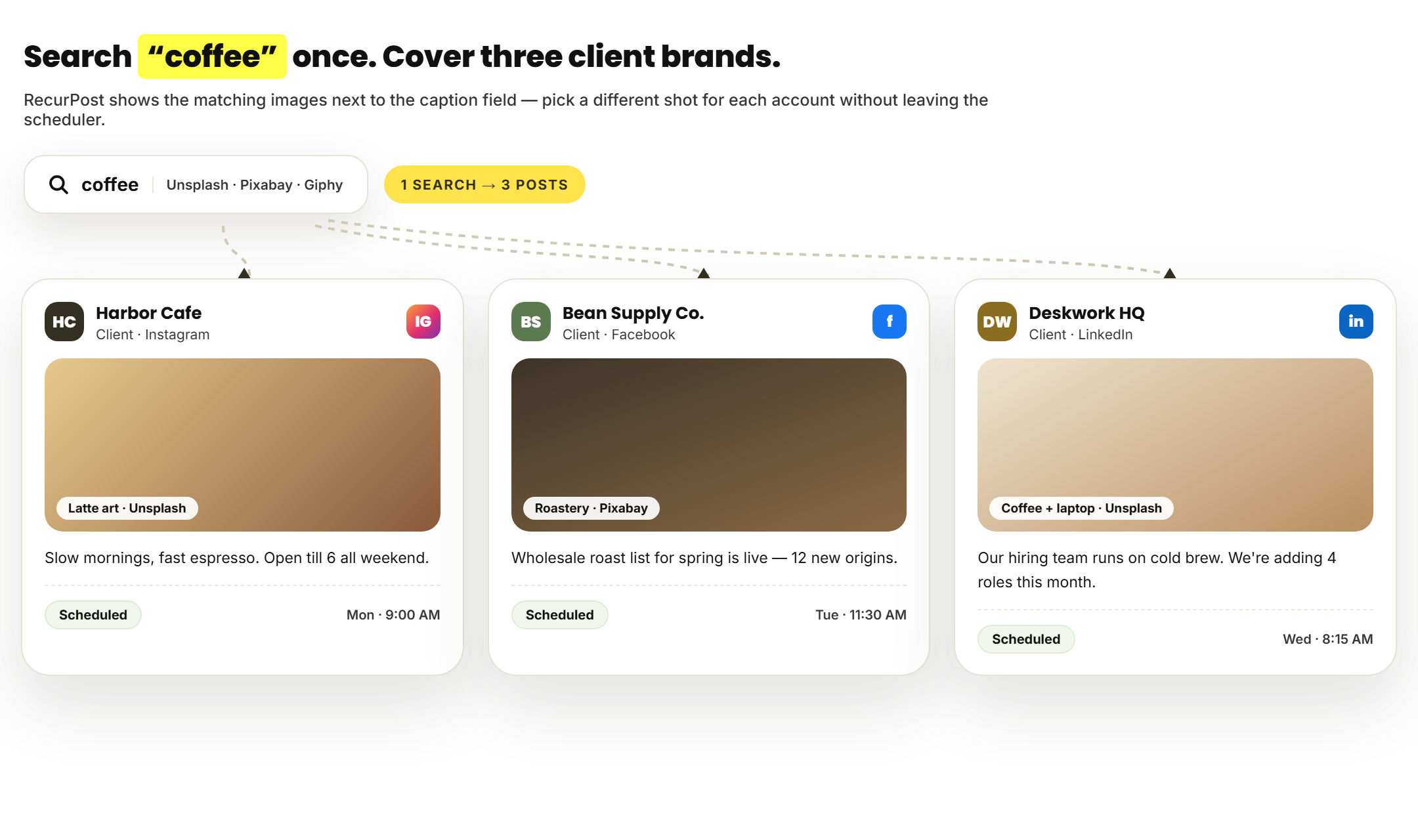 One coffee keyword search in RecurPost filling posts for three client accounts with different stock images