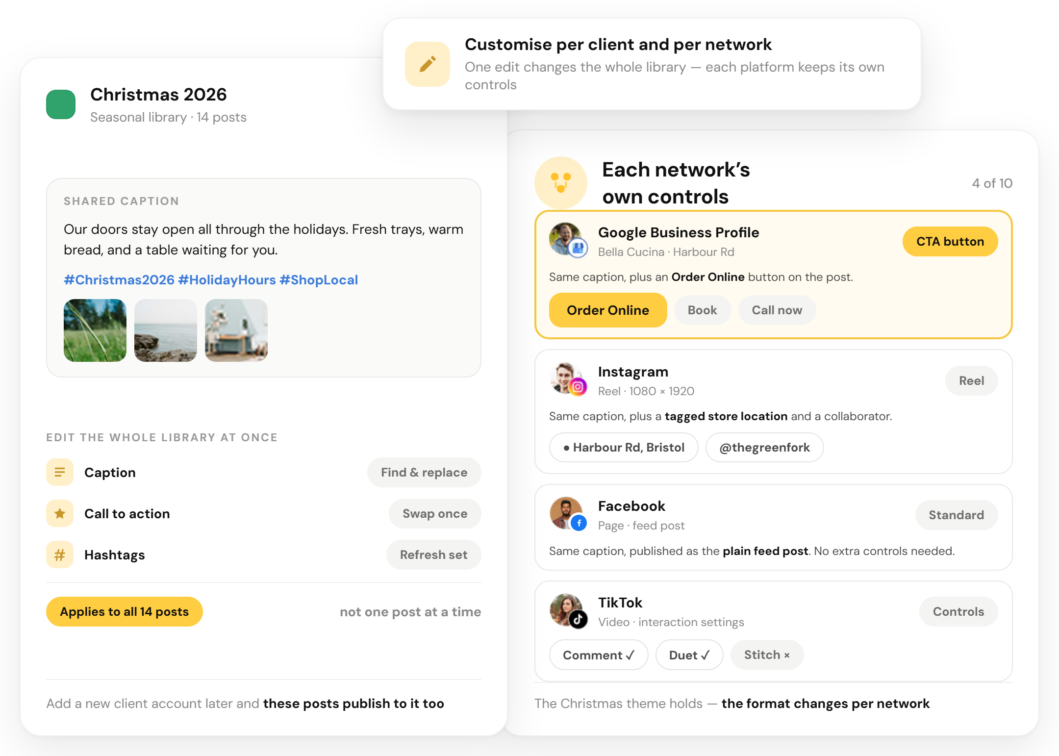 One RecurPost Christmas library published with a Google Business Profile order button, an Instagram Reel location tag, and a plain Facebook feed post
