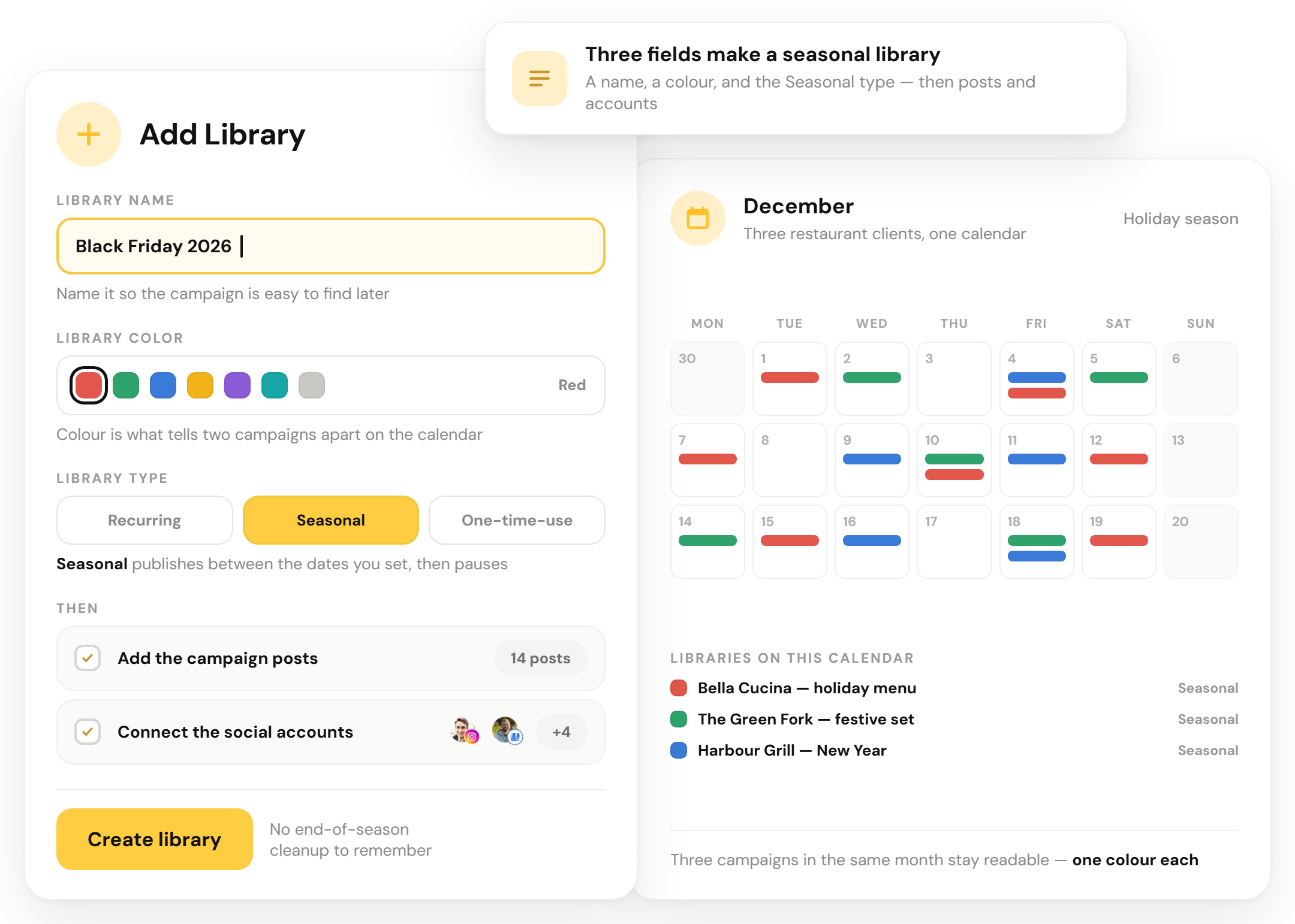 RecurPost seasonal library holiday campaign scheduling window