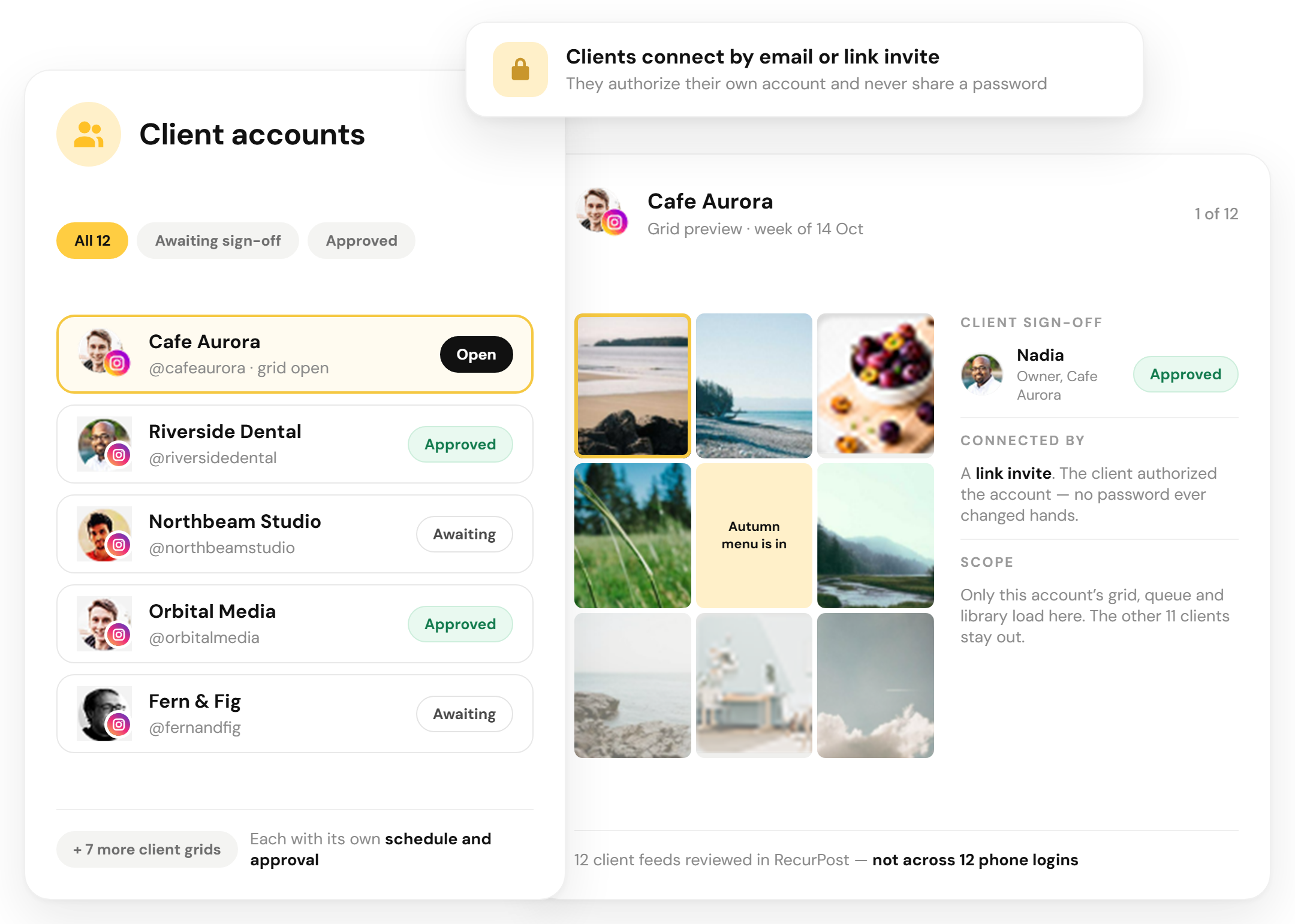 Separate Instagram grid preview and client sign-off for each client account inside one RecurPost workspace