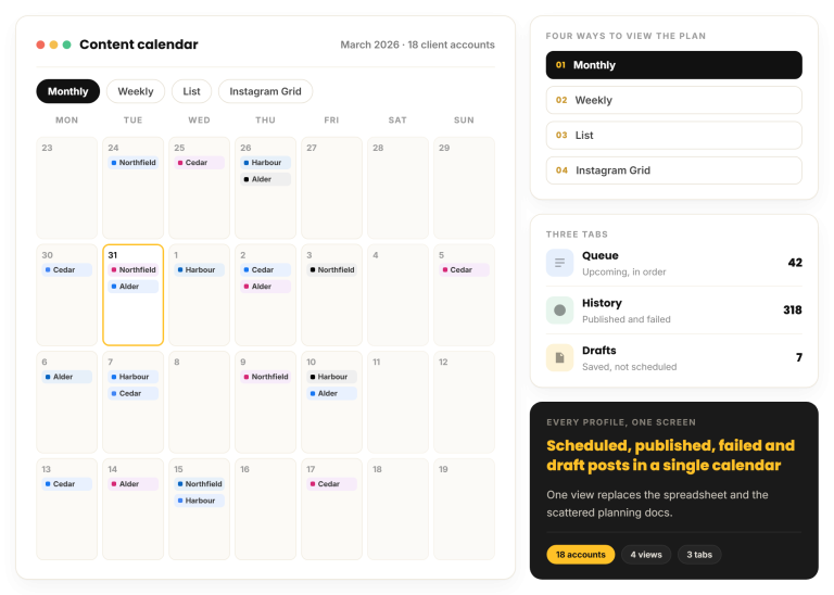 social media calendar month view scheduled posts multiple clients