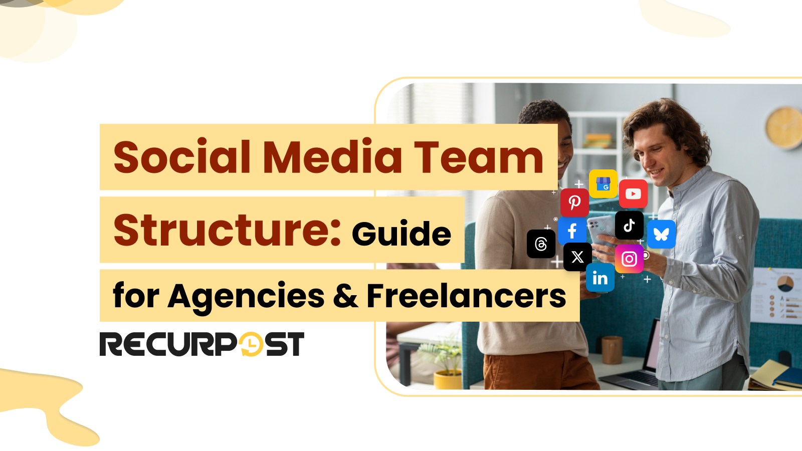 Social media team structure guide cover showing two colleagues reviewing social platforms on a phone