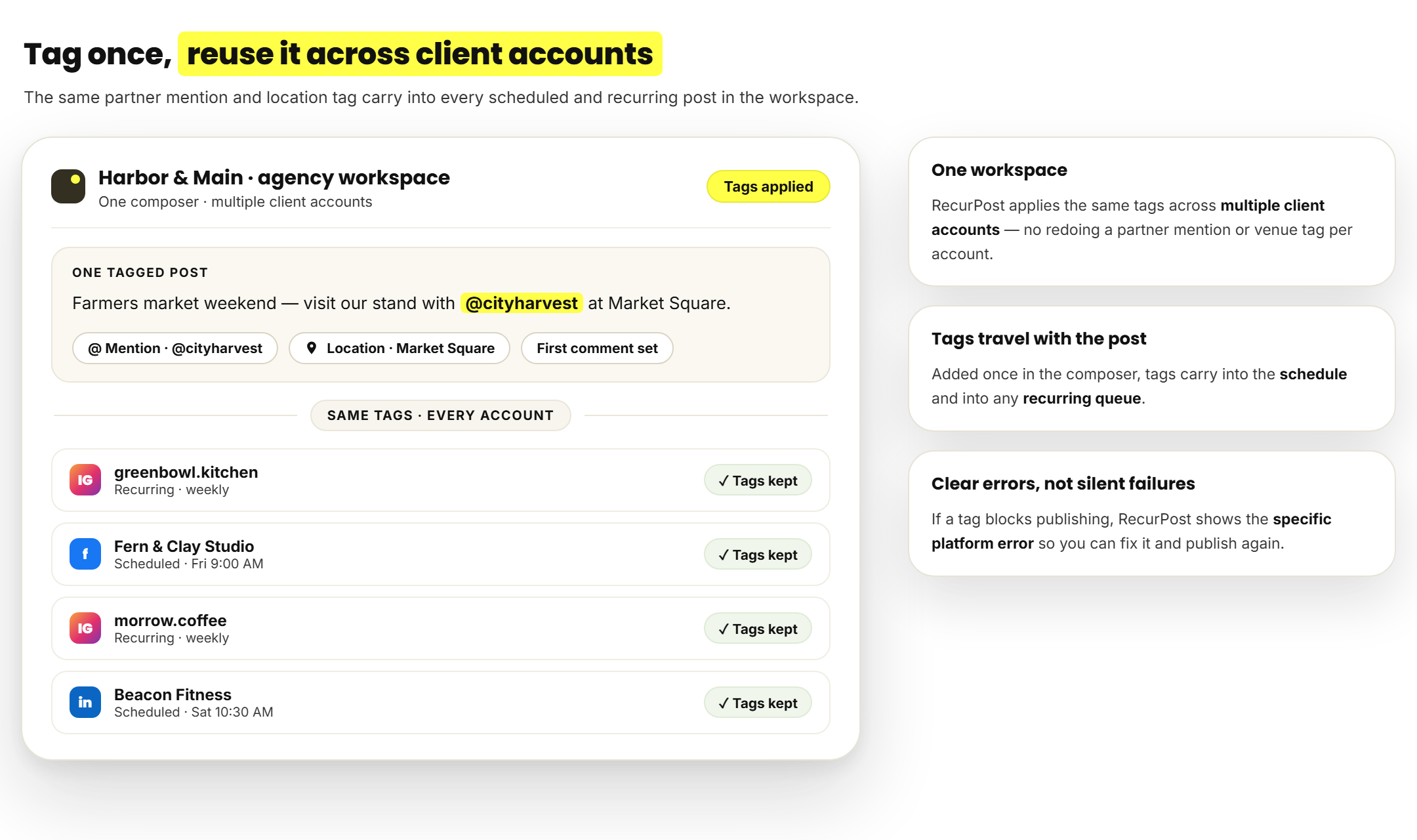 One partner mention and location tag applied across multiple client accounts in a RecurPost workspace