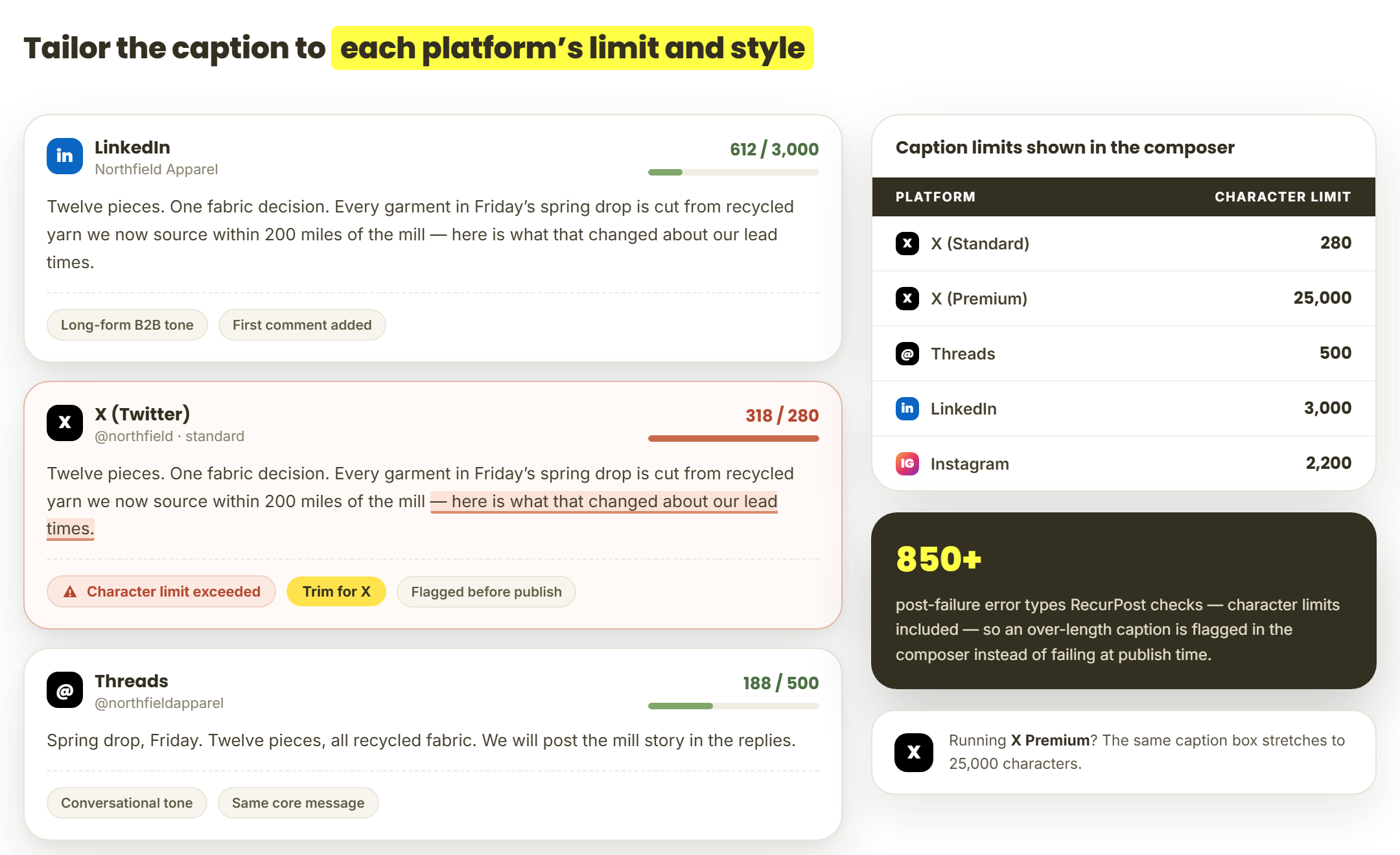 tailor caption per platform character limits