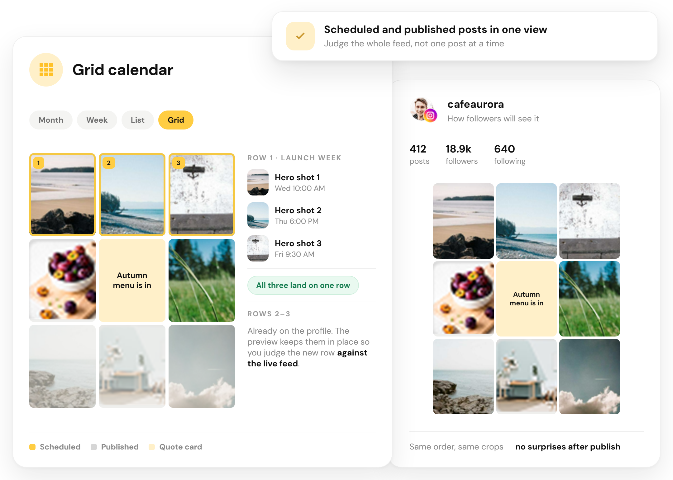 Three-column Instagram grid preview in RecurPost showing scheduled and published posts next to the live profile layout
